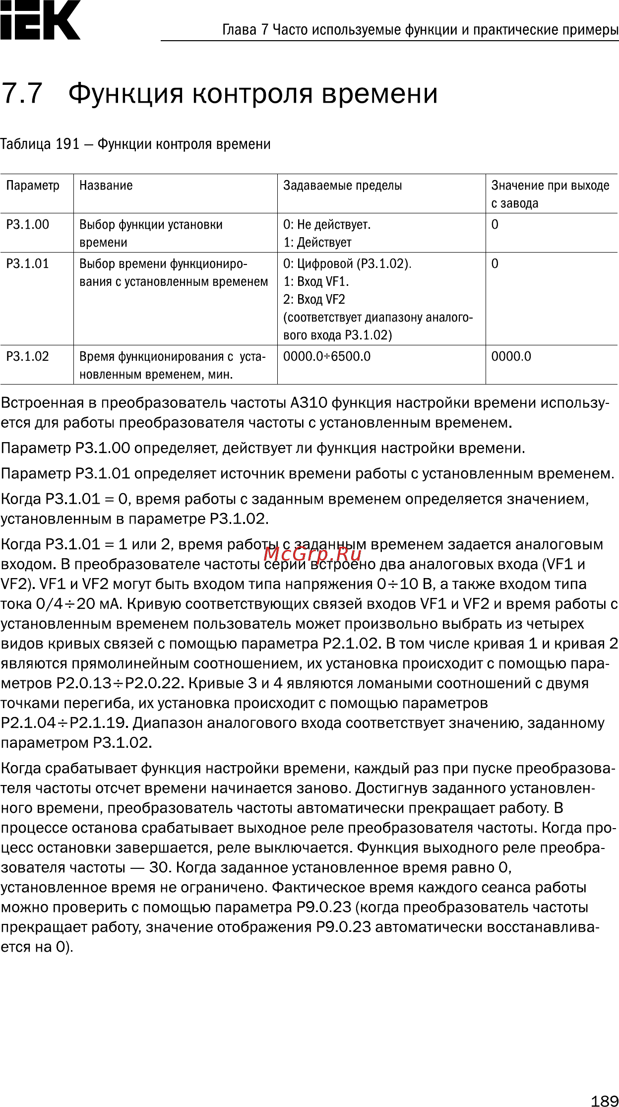 Iek CONTROL-A310 220В 1Ф 1,5кВт 7A CNT-A310U13V015TEZ [190/235] Функция контроля времени