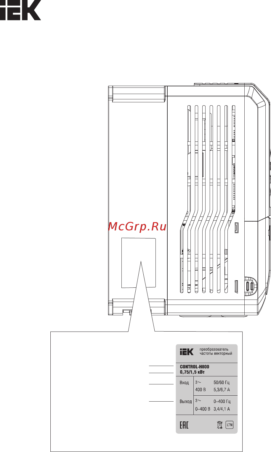 Iek CONTROL-H800 380В 3Ф 0,75-1,5кВт CNT-H800D33FV0075-015TE [11/95] Информация на паспортной табличке