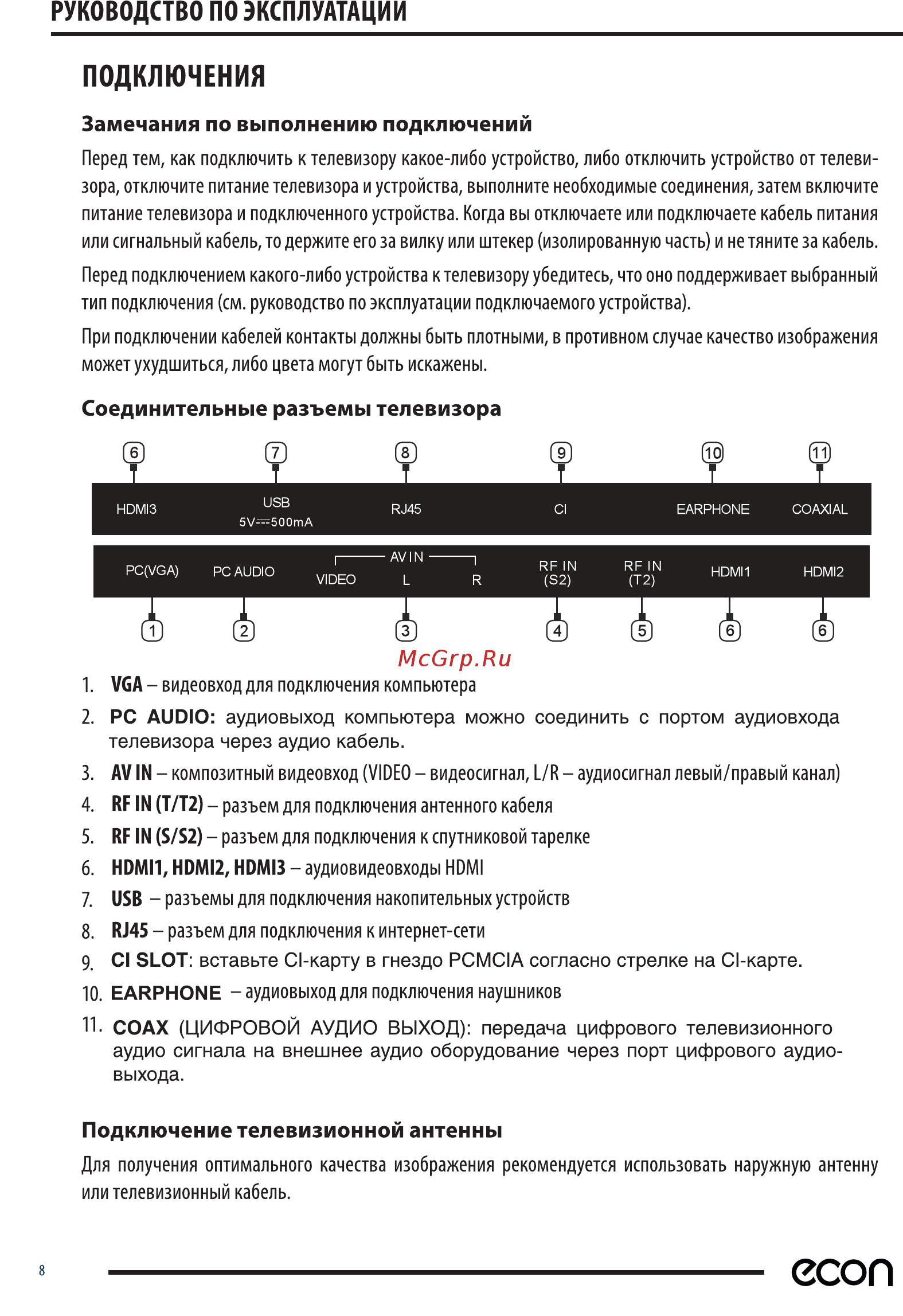 ECON EX-32HS008B [8/44] Подключения