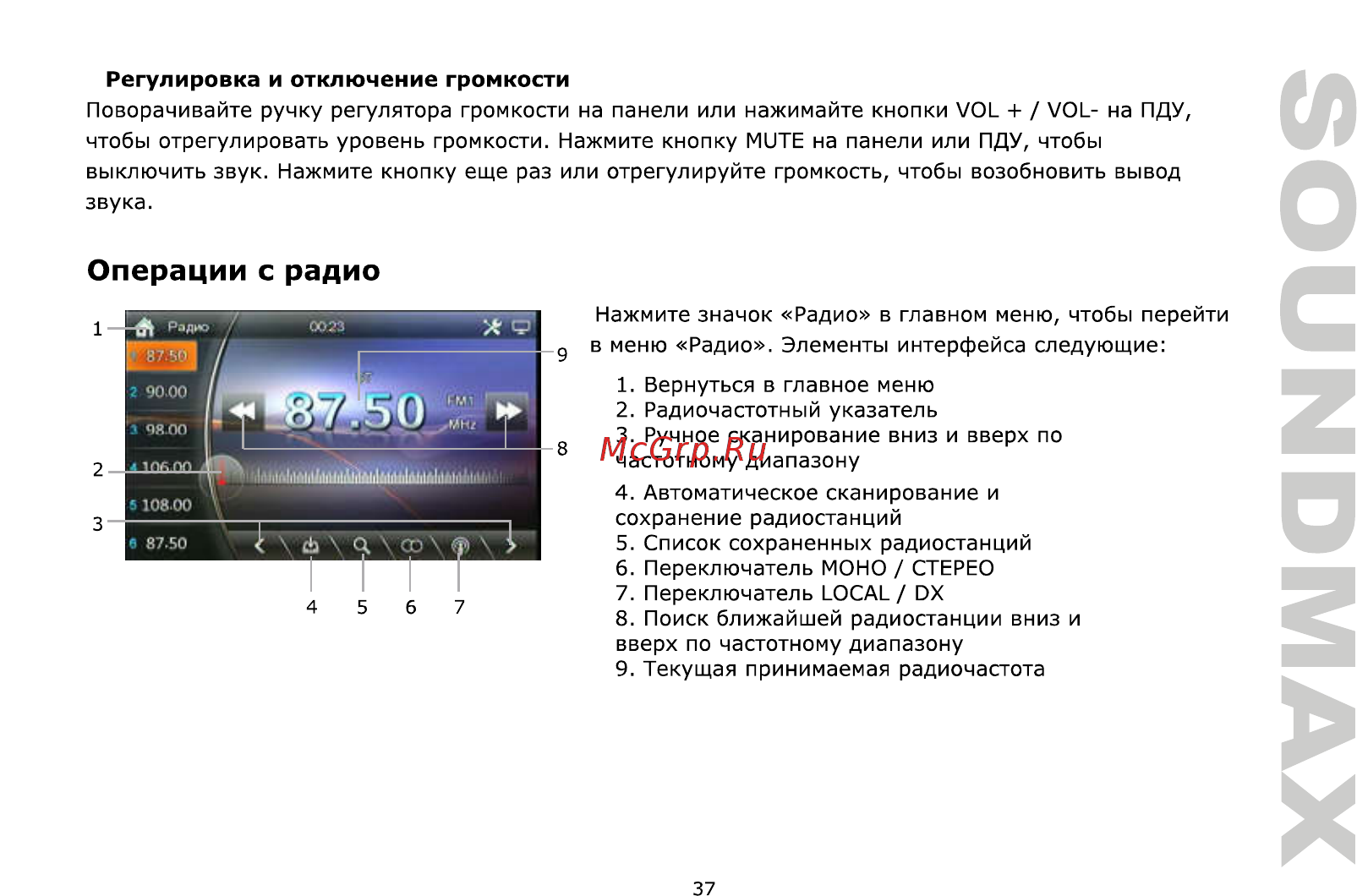 Soundmax SM-CCR3706 [37/50] Регулировка и отключение громкости