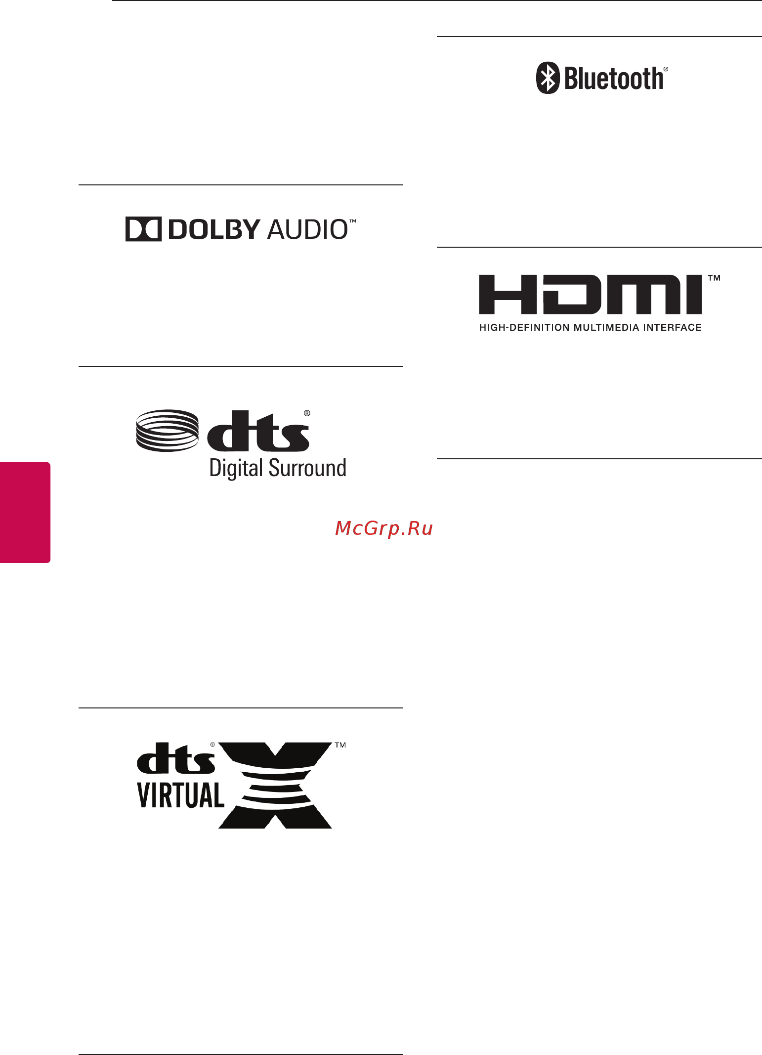 LG SL6Y 3.1Ch 420W DTS Virtual: X Sound [40/44] Товарные знаки и лицензии