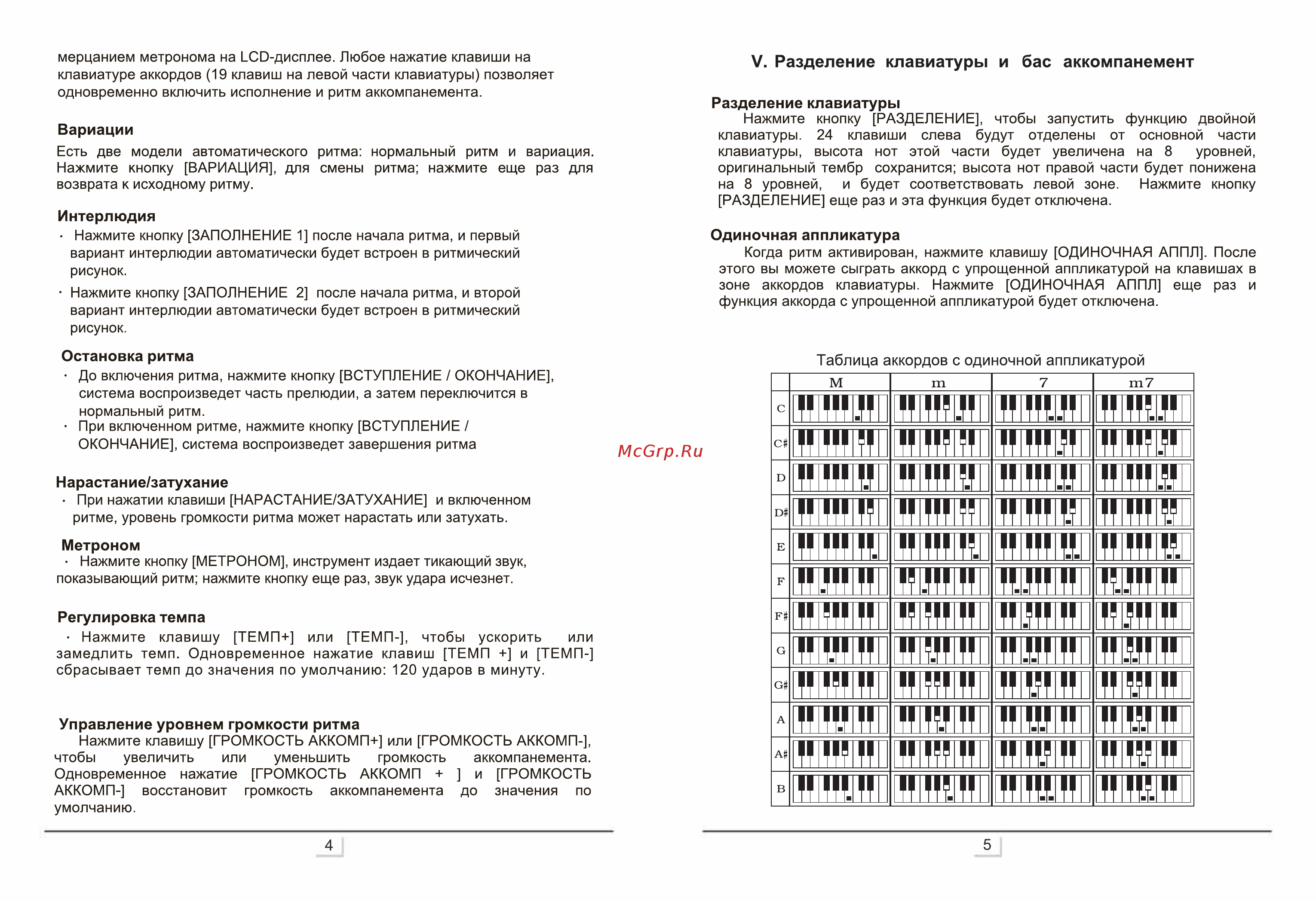 Groher GES-2803 [4/6] V разделение клавиатуры и бас аккомпанемент