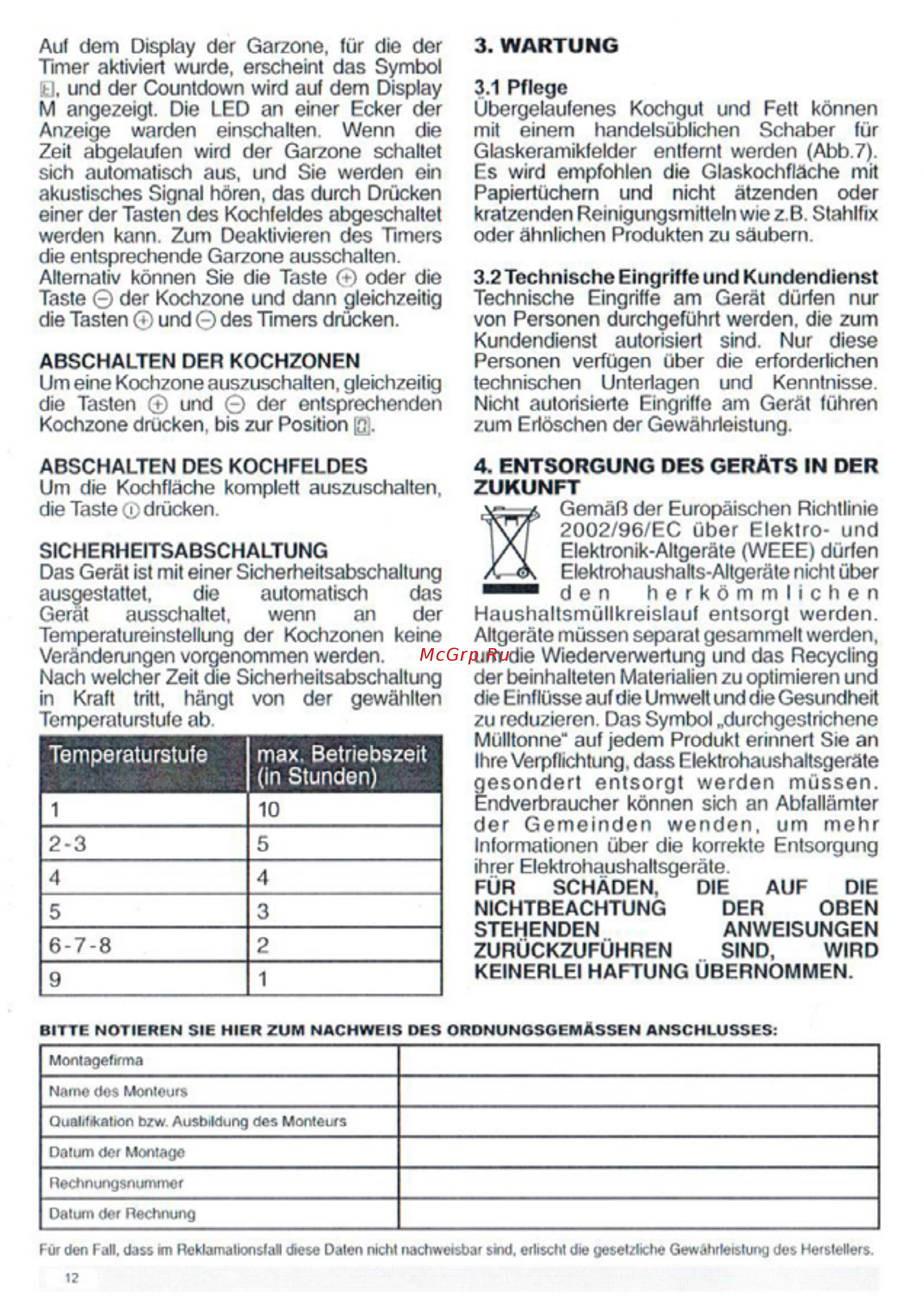 Zigmund & Shtain CNS 025.60 BX [12/22] Temperaturstufe max betriebszeit in stunden