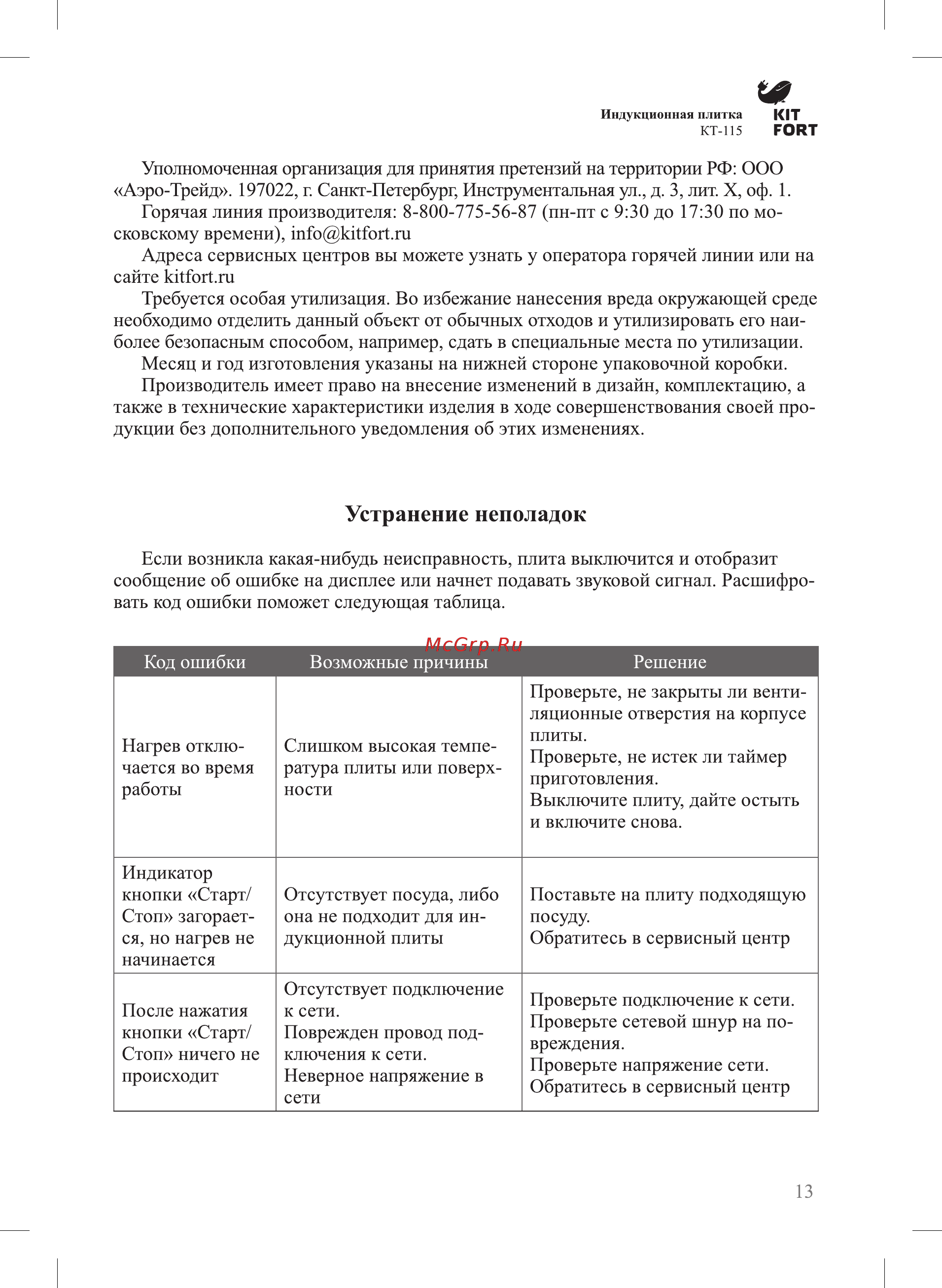 Kitfort КТ-115 [13/16] Устранение неполадок