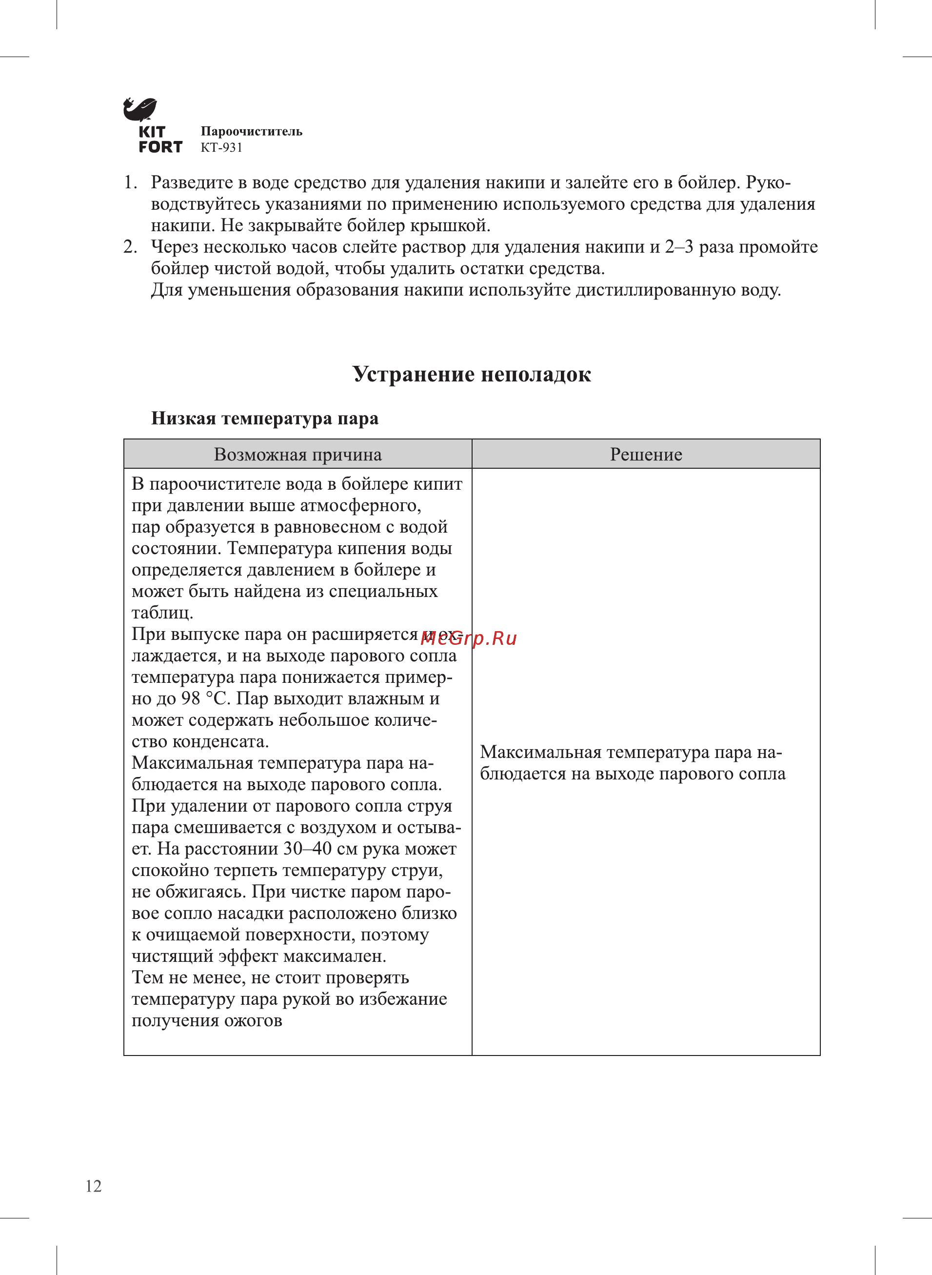 Kitfort КТ-931 [12/16] Устранение неполадок