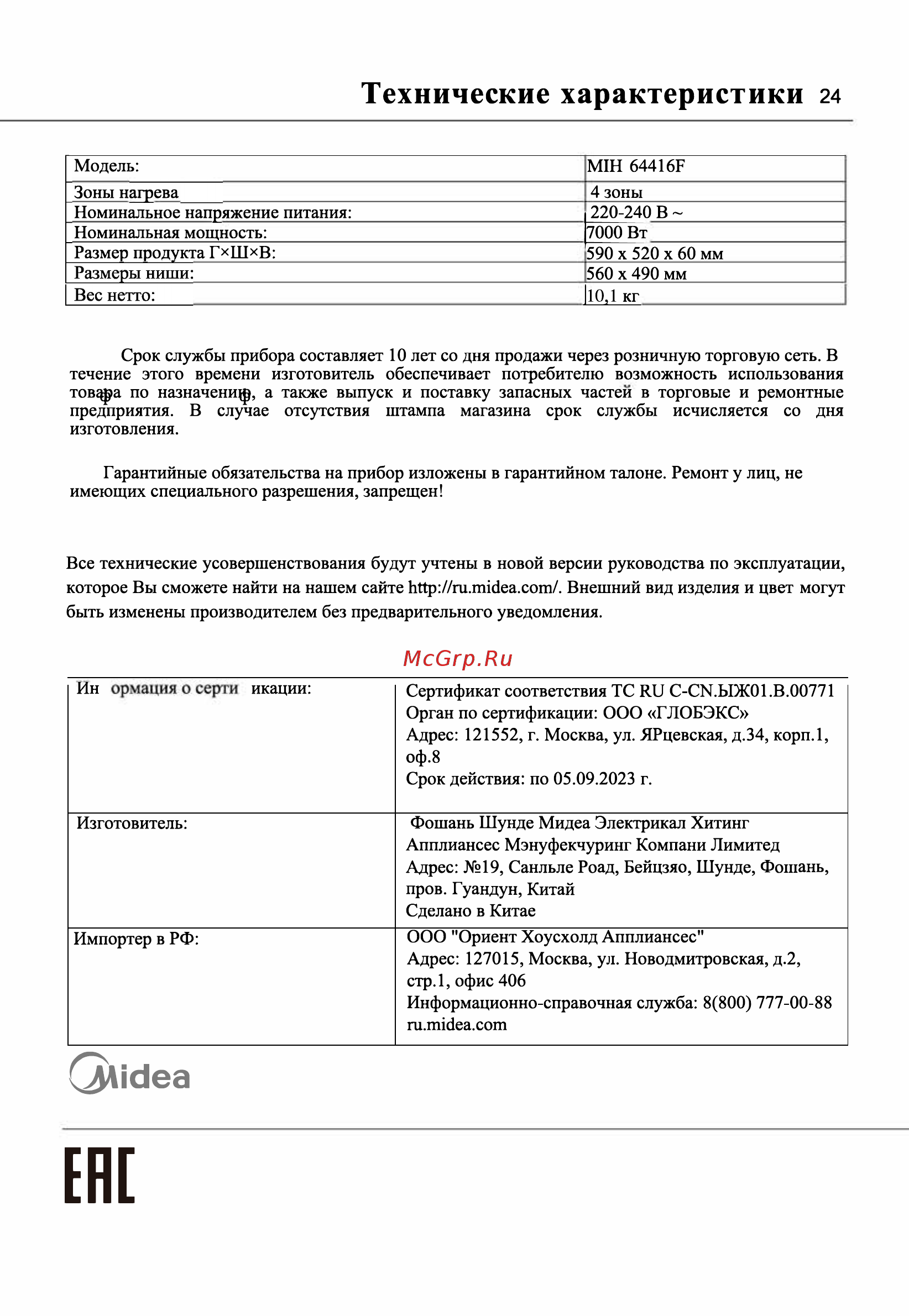 Midea MIH64416F [24/24] Технические характеристики