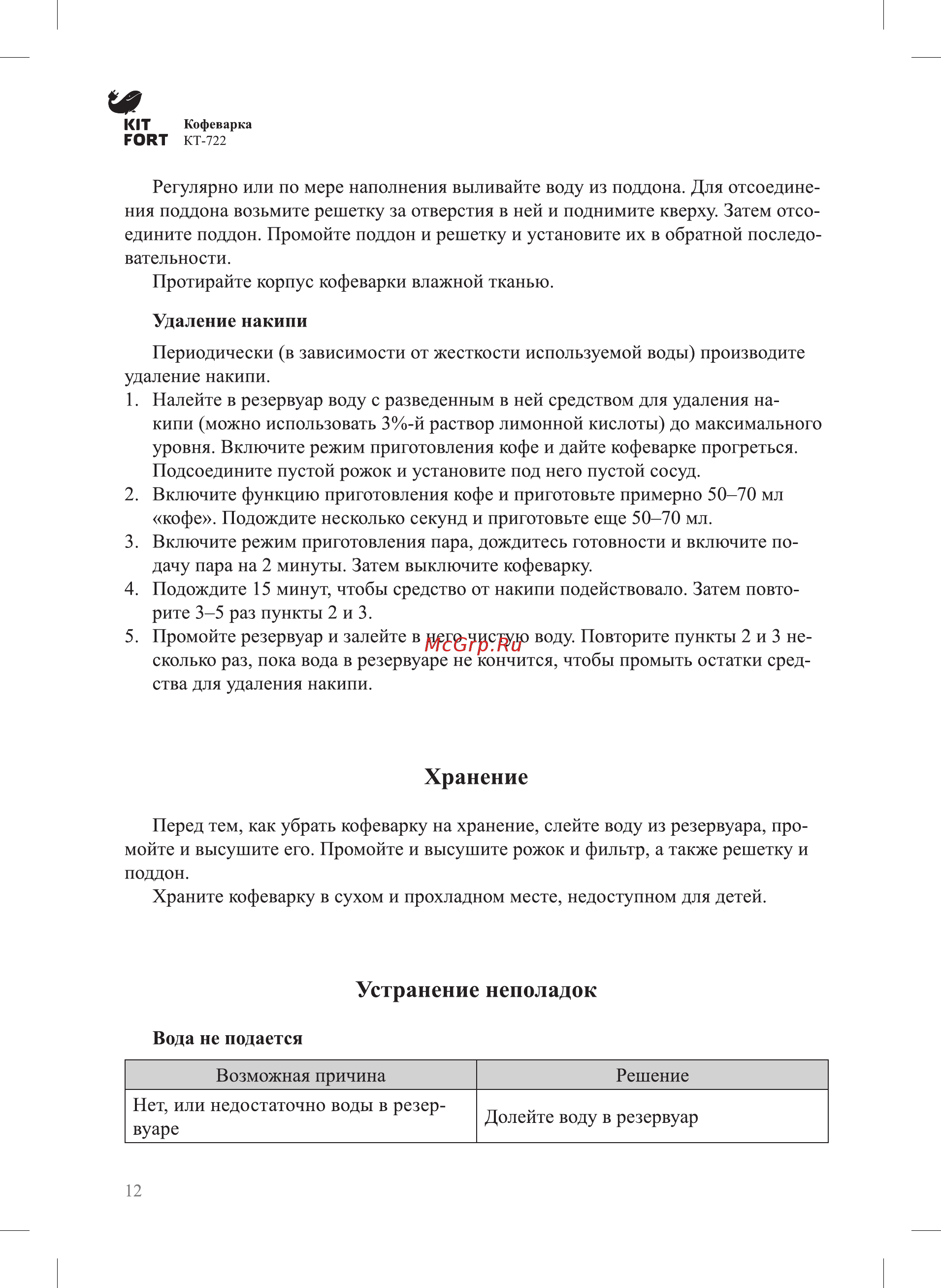 Kitfort КТ-722 [12/20] Устранение неполадок