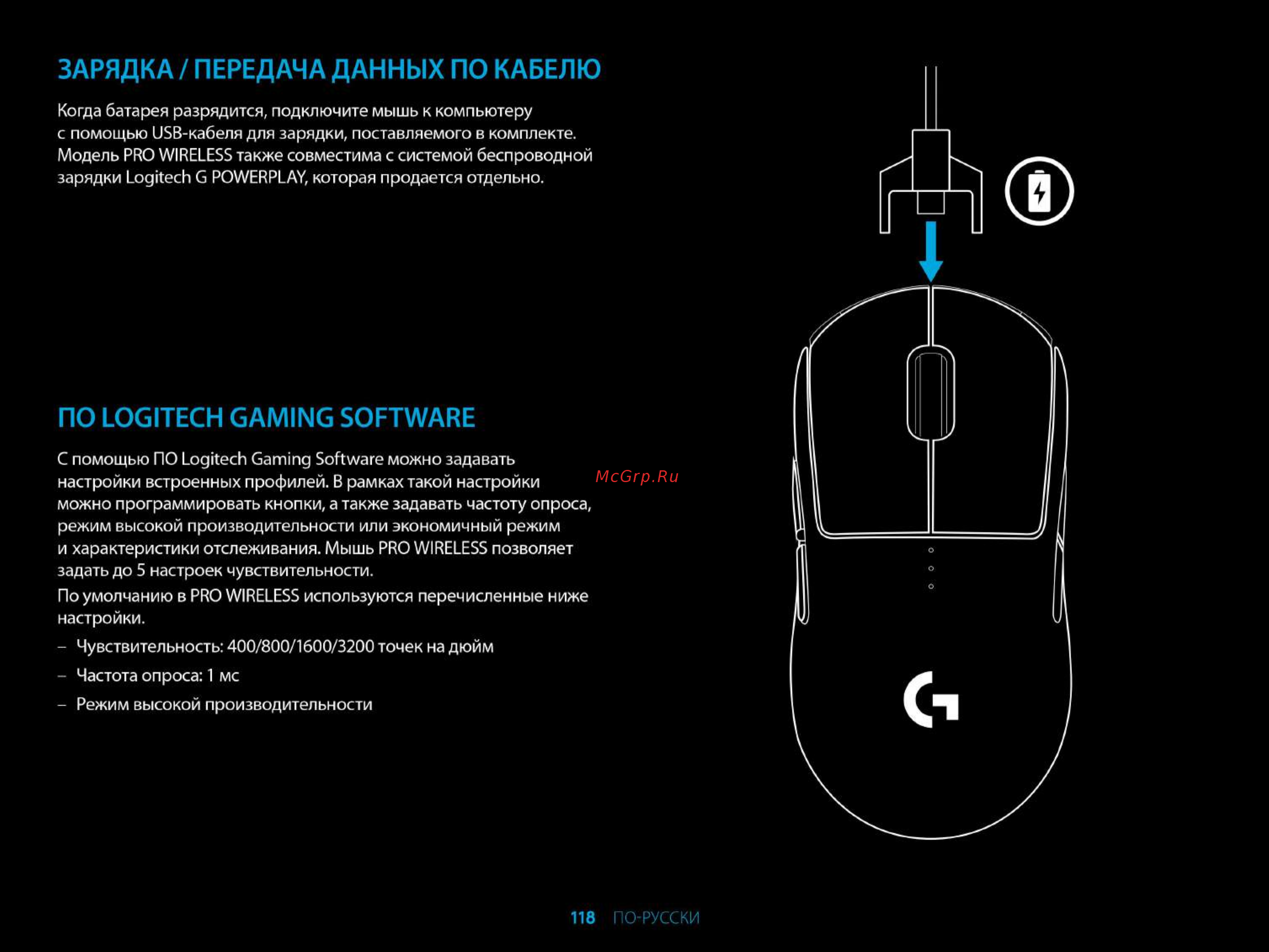 Logitech PRO Wireless (910-005272) [8/9] Зарядка передача данных по кабелю