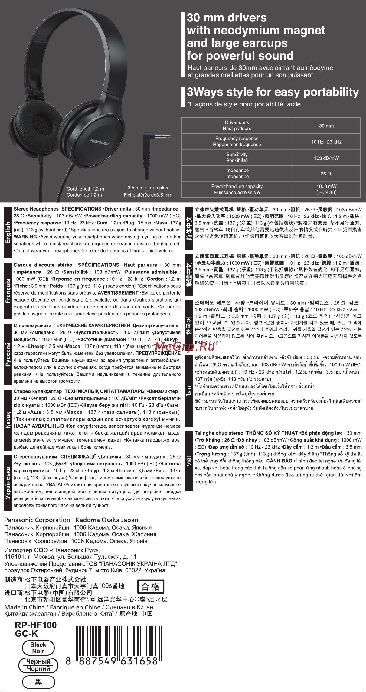 Panasonic RP-HF100GC White Руководство по эксплуатации онлайн