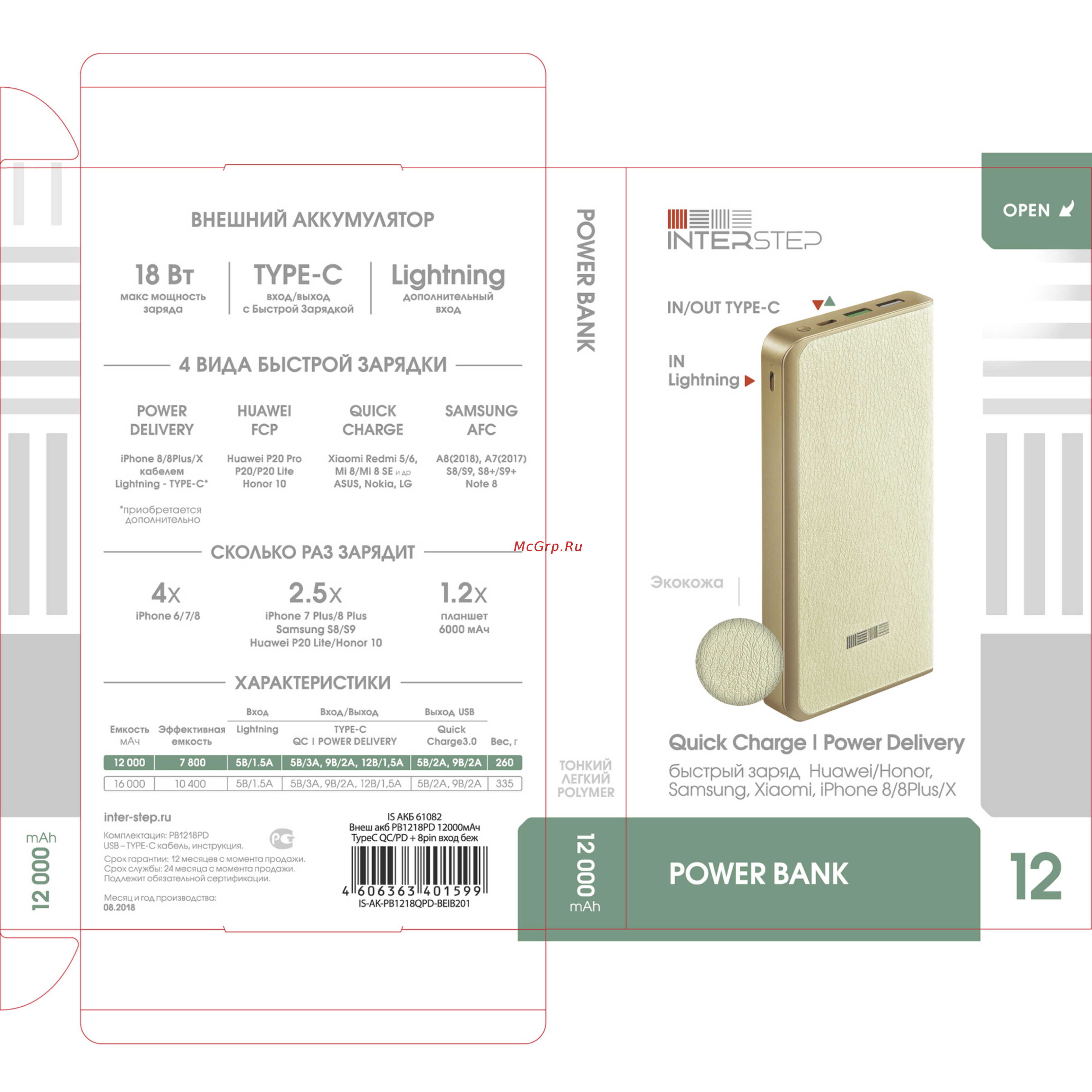 Interstep PB1218PD 12000mAh TypeC QC/PD + 8pin вход, Beige Руководство по эксплуатации онлайн
