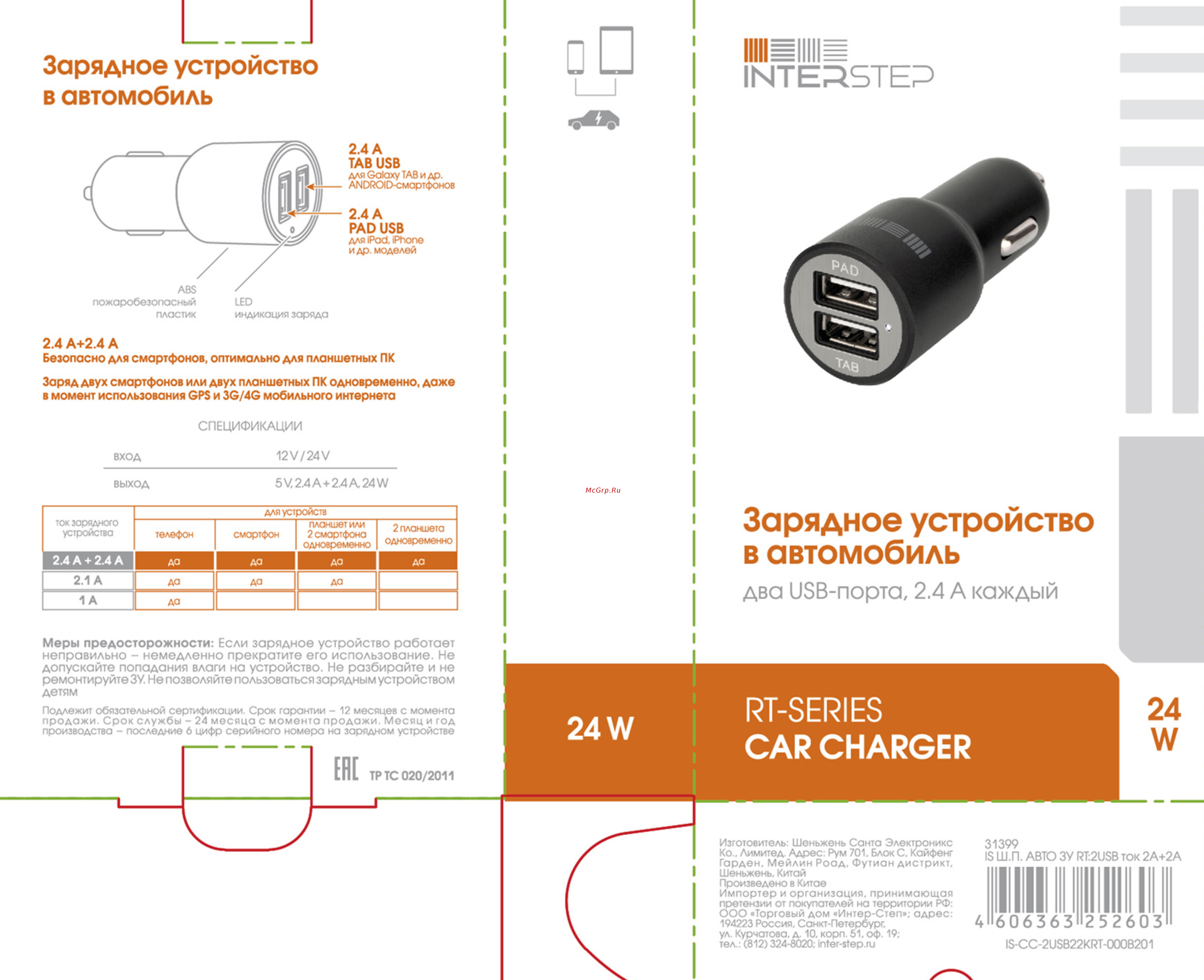 Interstep 2xUSB ток 2.4 A+2.4 A (IS-CC-2USB22KRT-000B201) Руководство по эксплуатации онлайн