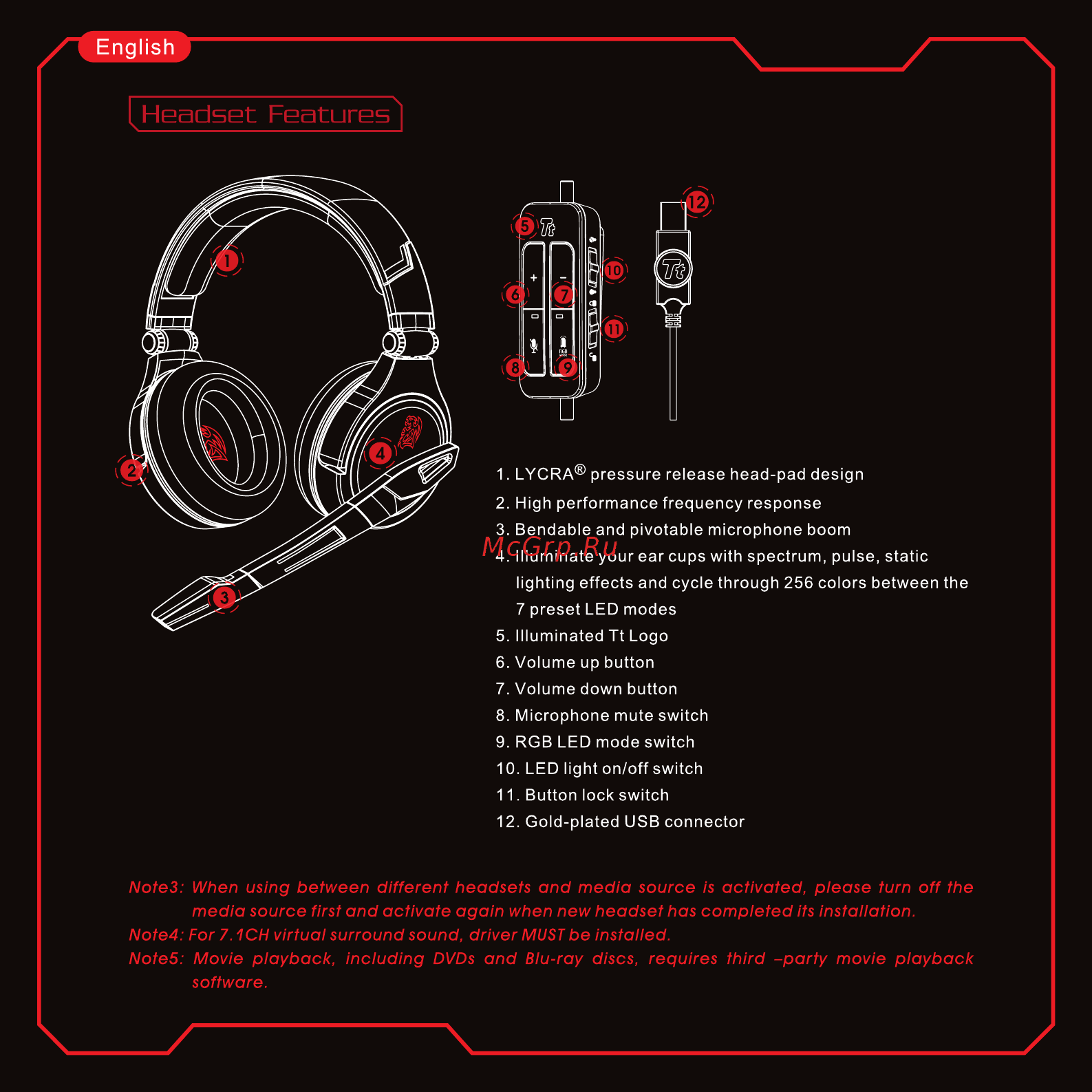 Thermaltake eSPORTS Cronos RGB 7.1 Black (HT-CRO-DIECBK-21) [4/9] Headset features