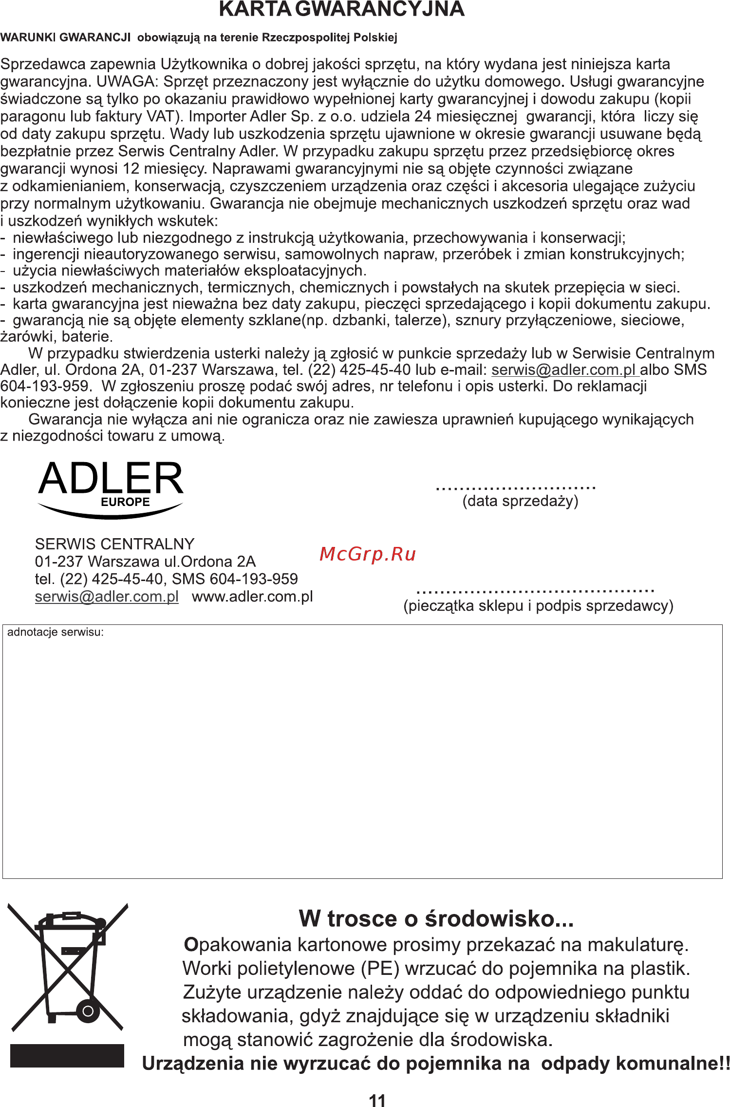 Adler AD 3137w [11/20] W trosce o srodowisko