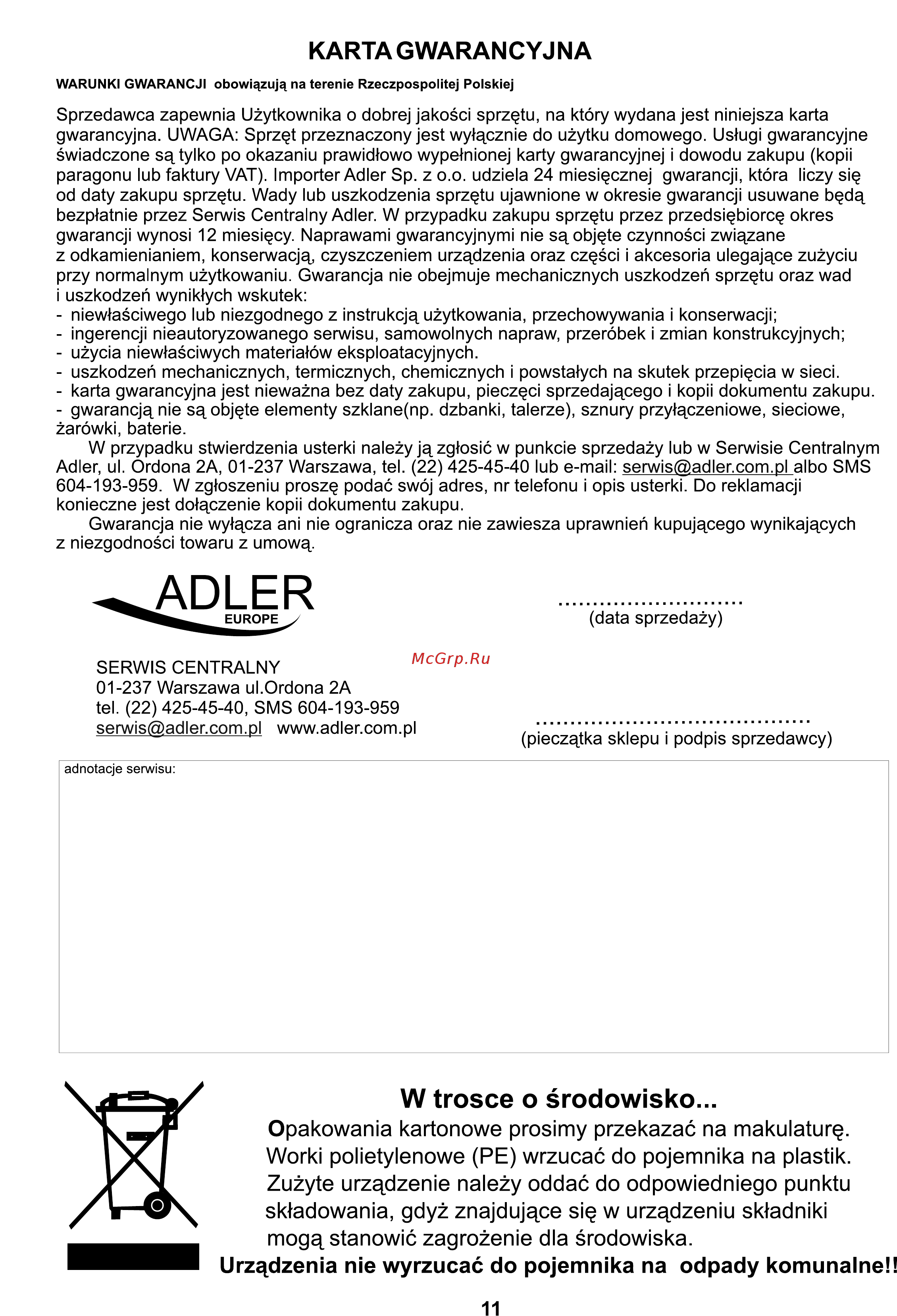 Adler AD 3138r [11/20] W trosce o srodowisko