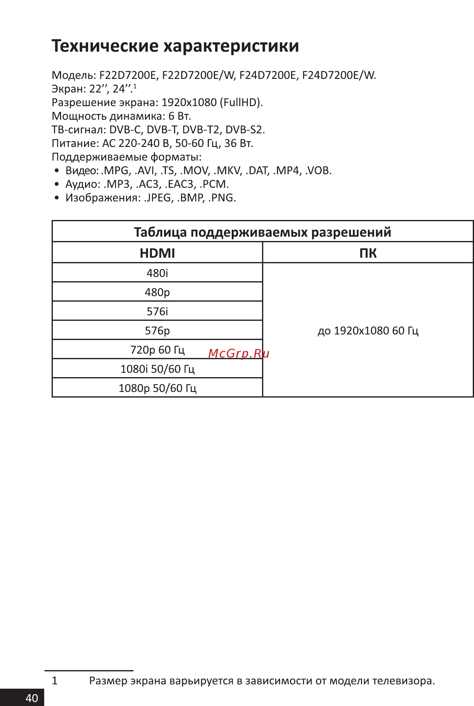 DEXP H20D7200E [40/44] Технические характеристики