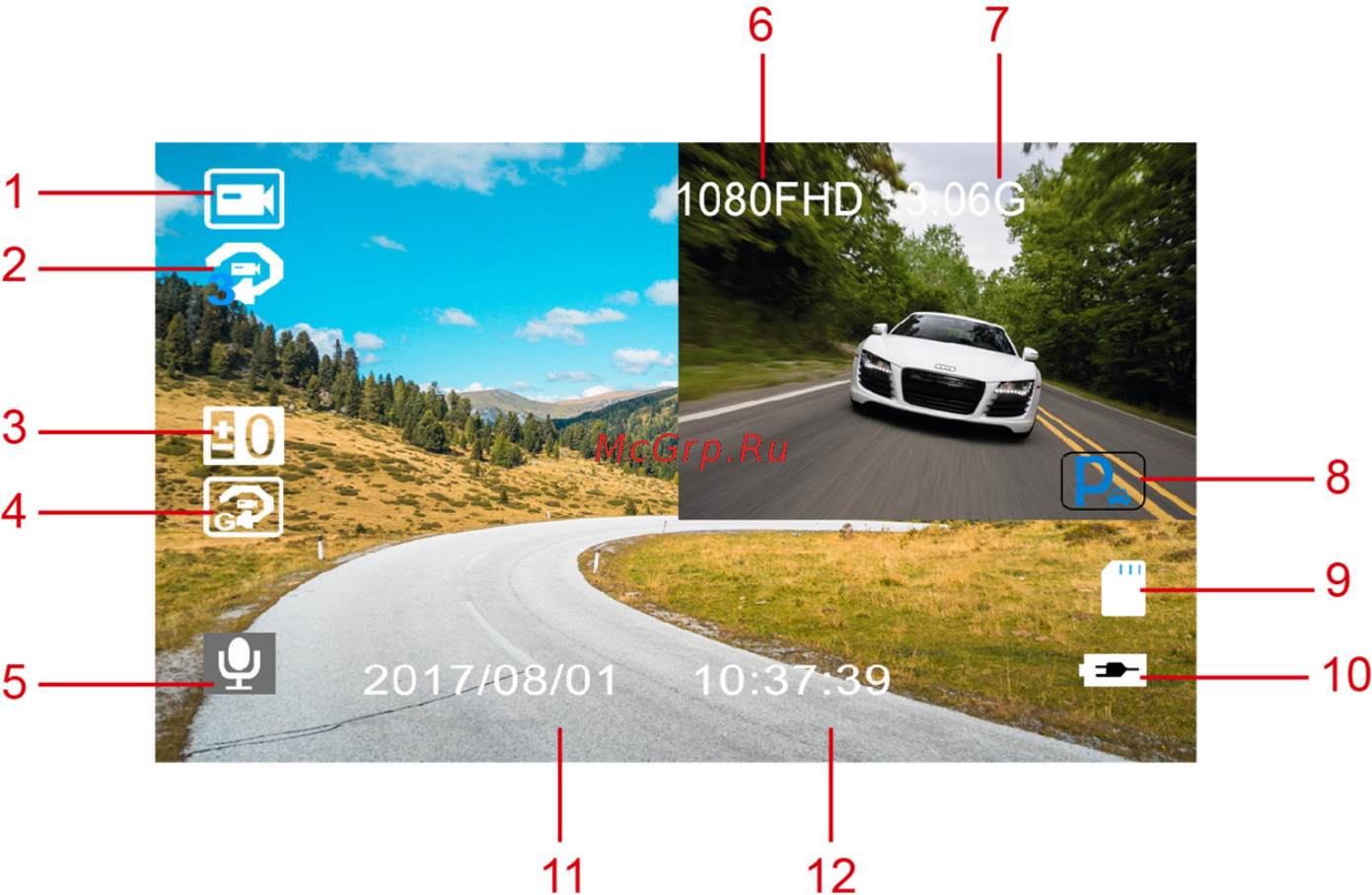 DEXP Mirror Discovery [5/12] Интерфейс устройства в режиме видеосъёмки