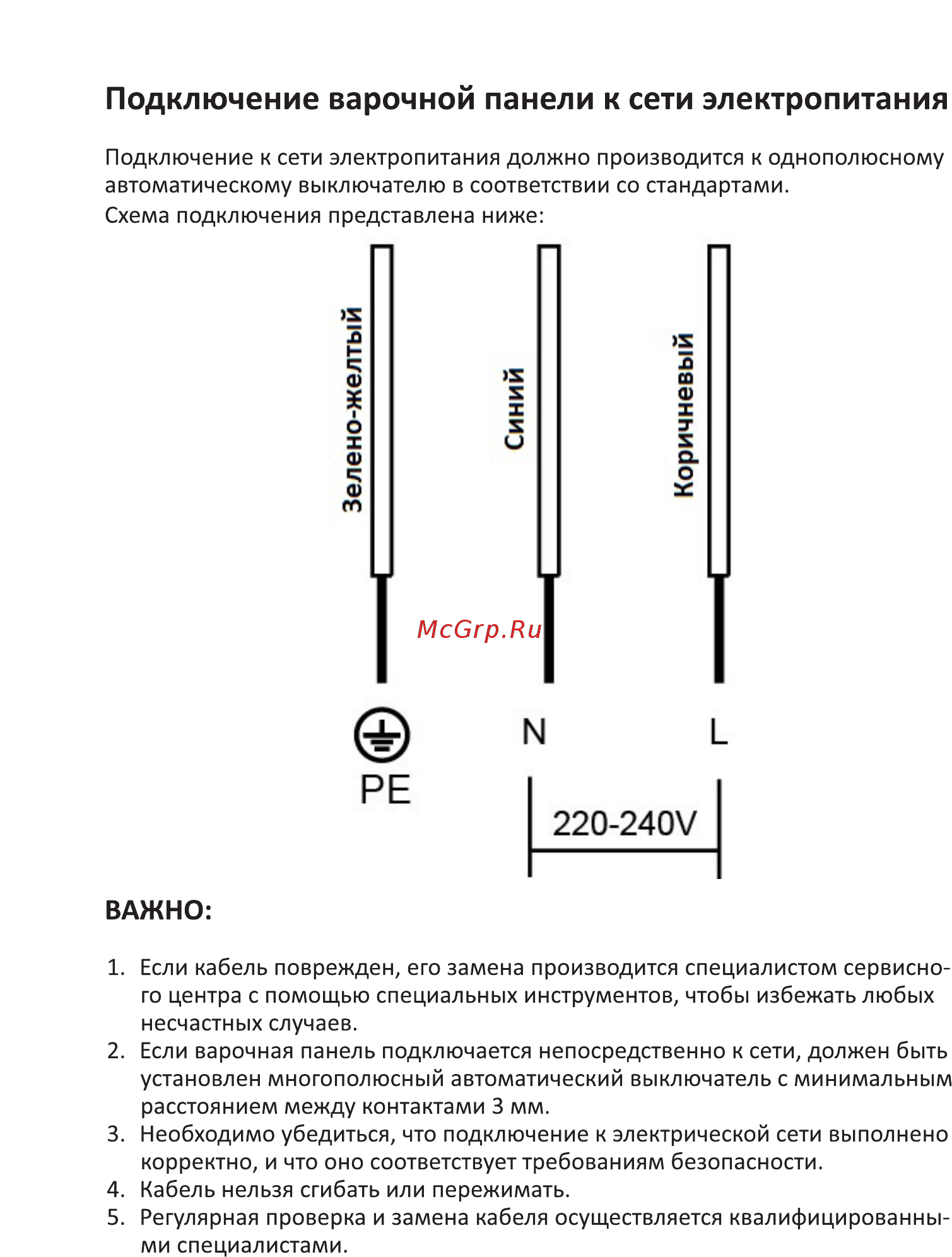 DEXP 4M2CTYL/B [9/24] Подключение варочной панели к сети электропитания