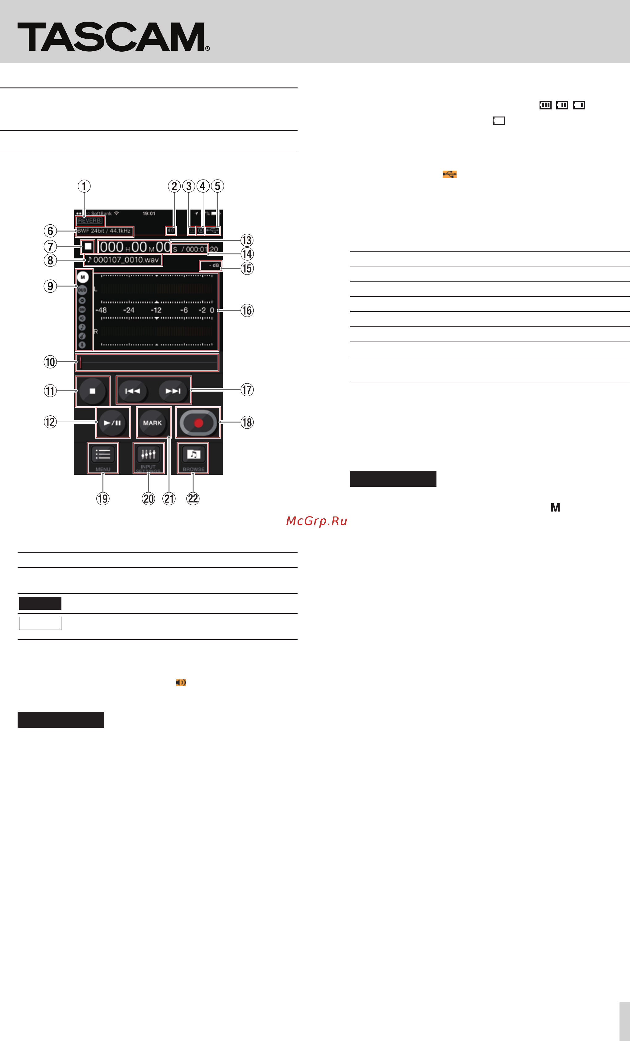 Tascam DR Control [11/24] Главный экран