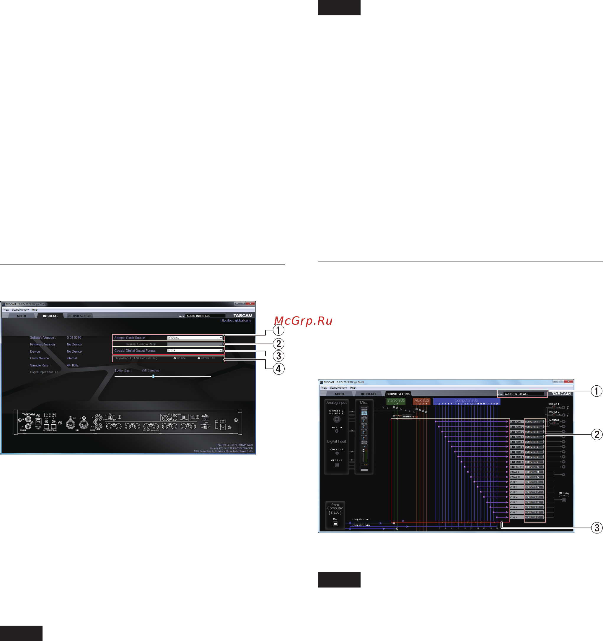 Tascam US-20x20 [12/104] Making settings on the interface screen