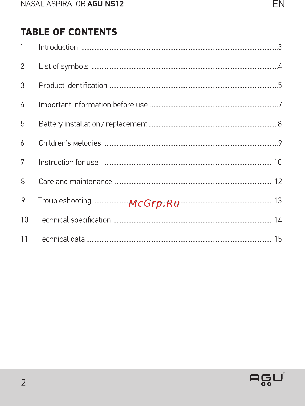 AGU NS12 Daisy [2/60] Table of contents