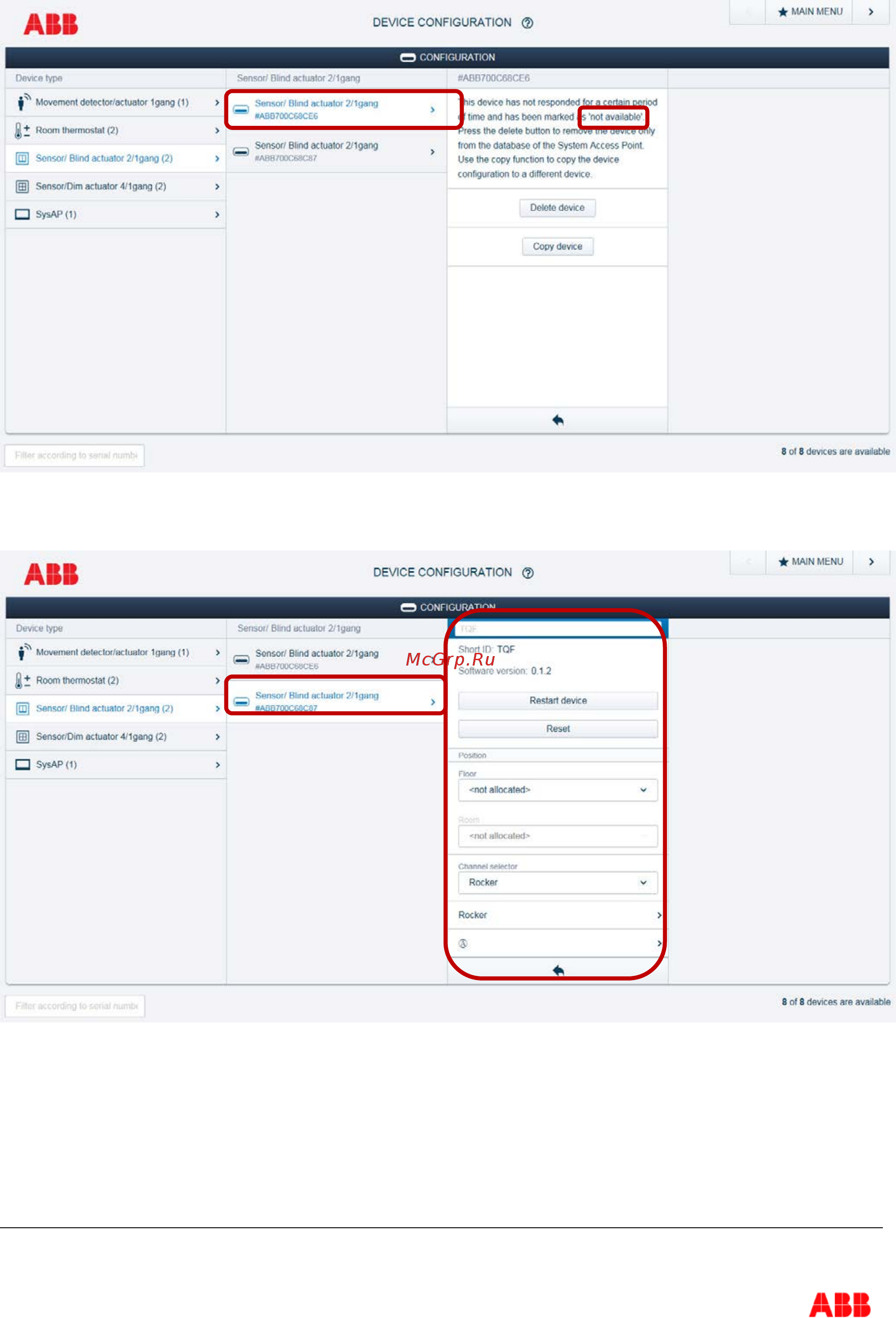 ABB M22311-B [5/7] The physical device from the previous project is listed as not available