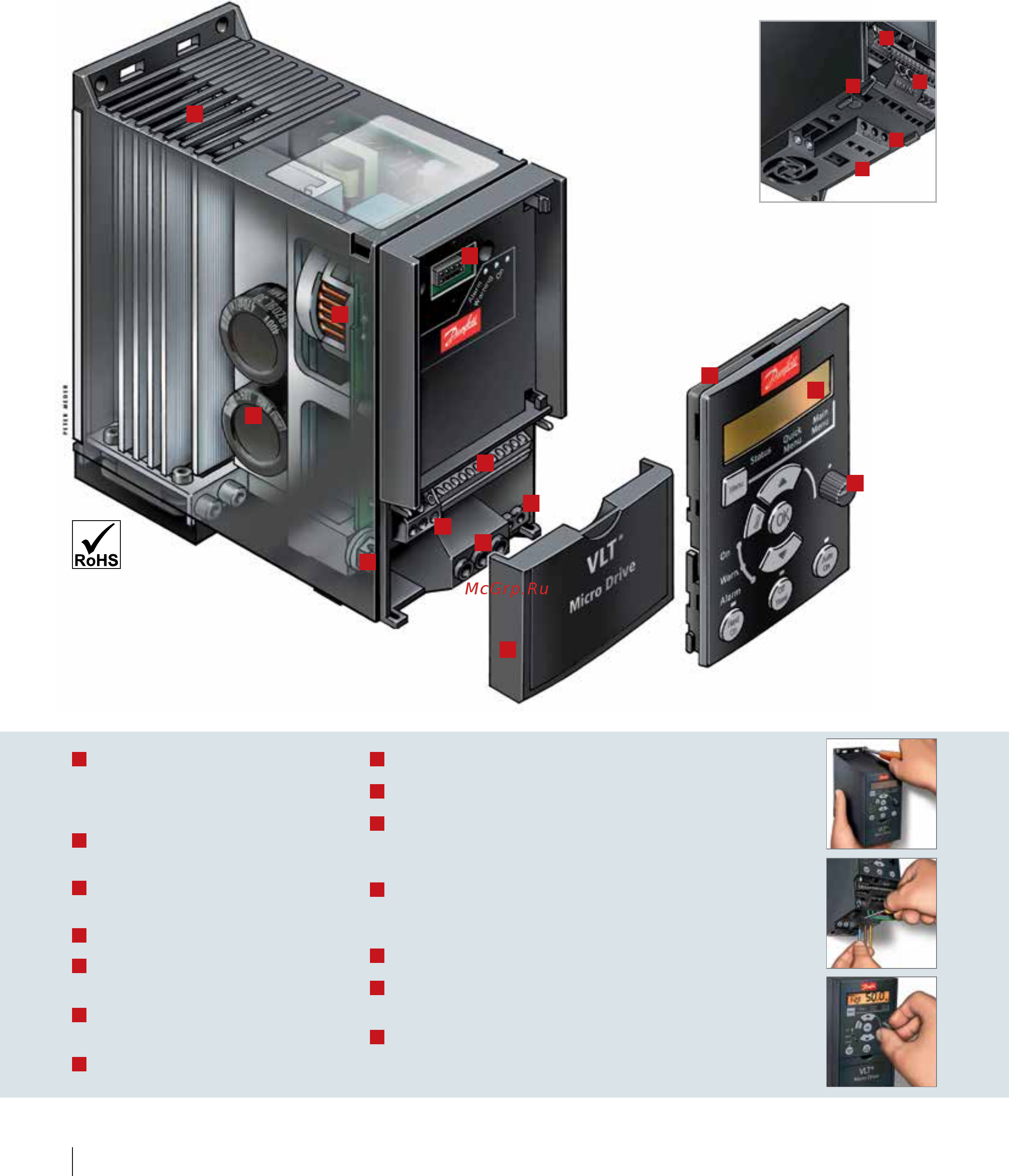 Danfoss Micro Drive FC-051P2K2 2.2кВт, 9.6А, 220В [2/8] Монтаж подключение запуск подключите двигатель и сеть питания поверните ручку управления и наблюдайте за изменением скорости