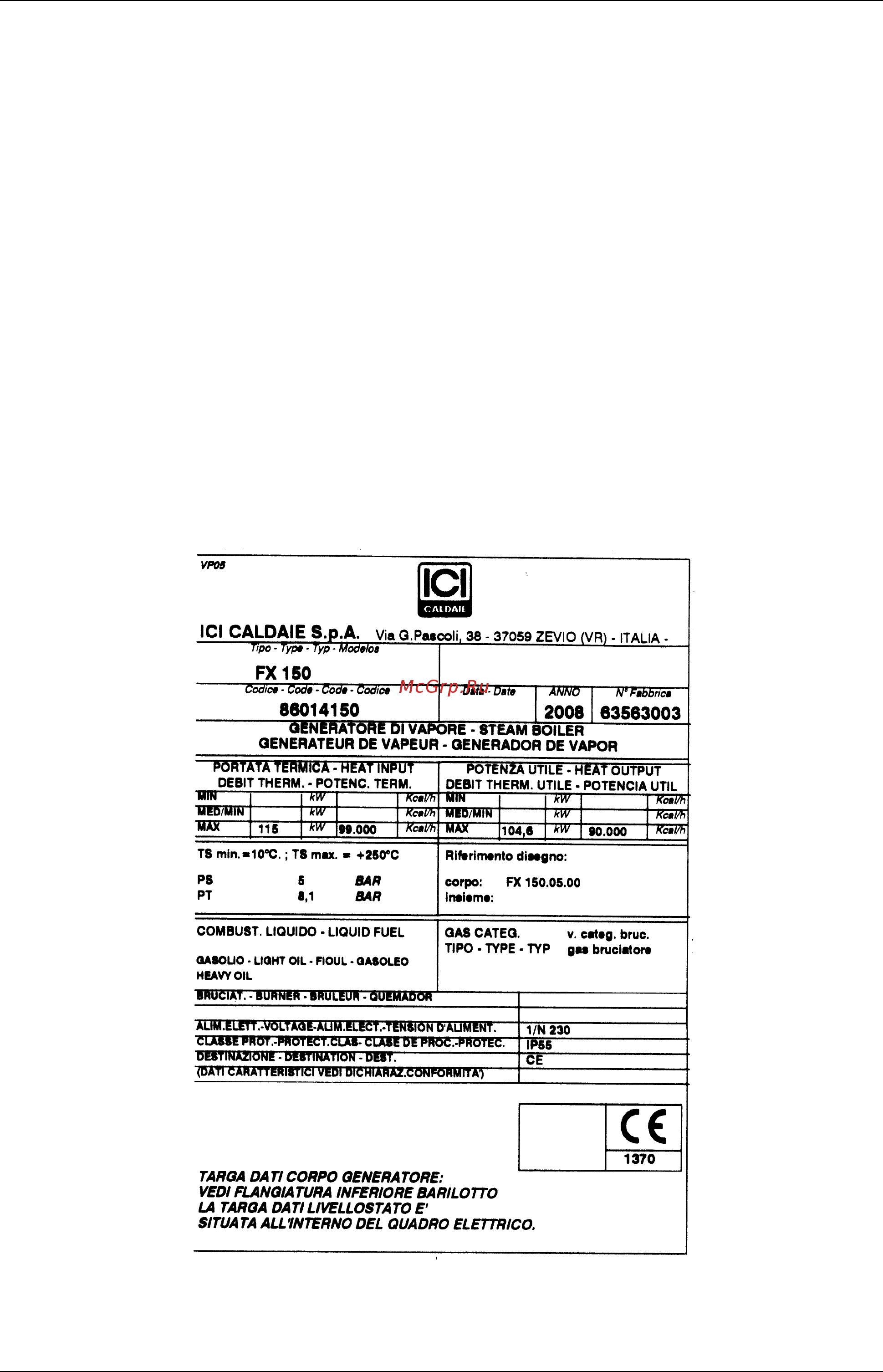 ICI Caldaie PX 200 DUAL [27/28] Заводская табличка