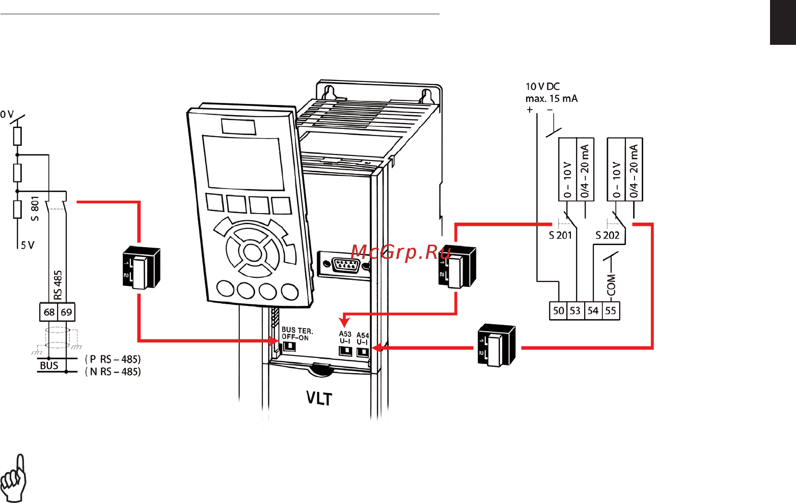 Danfoss VLT AQUA Drive FC-202P3K0S2 [8/40] Function of dip switches in basic unit without a b or c options