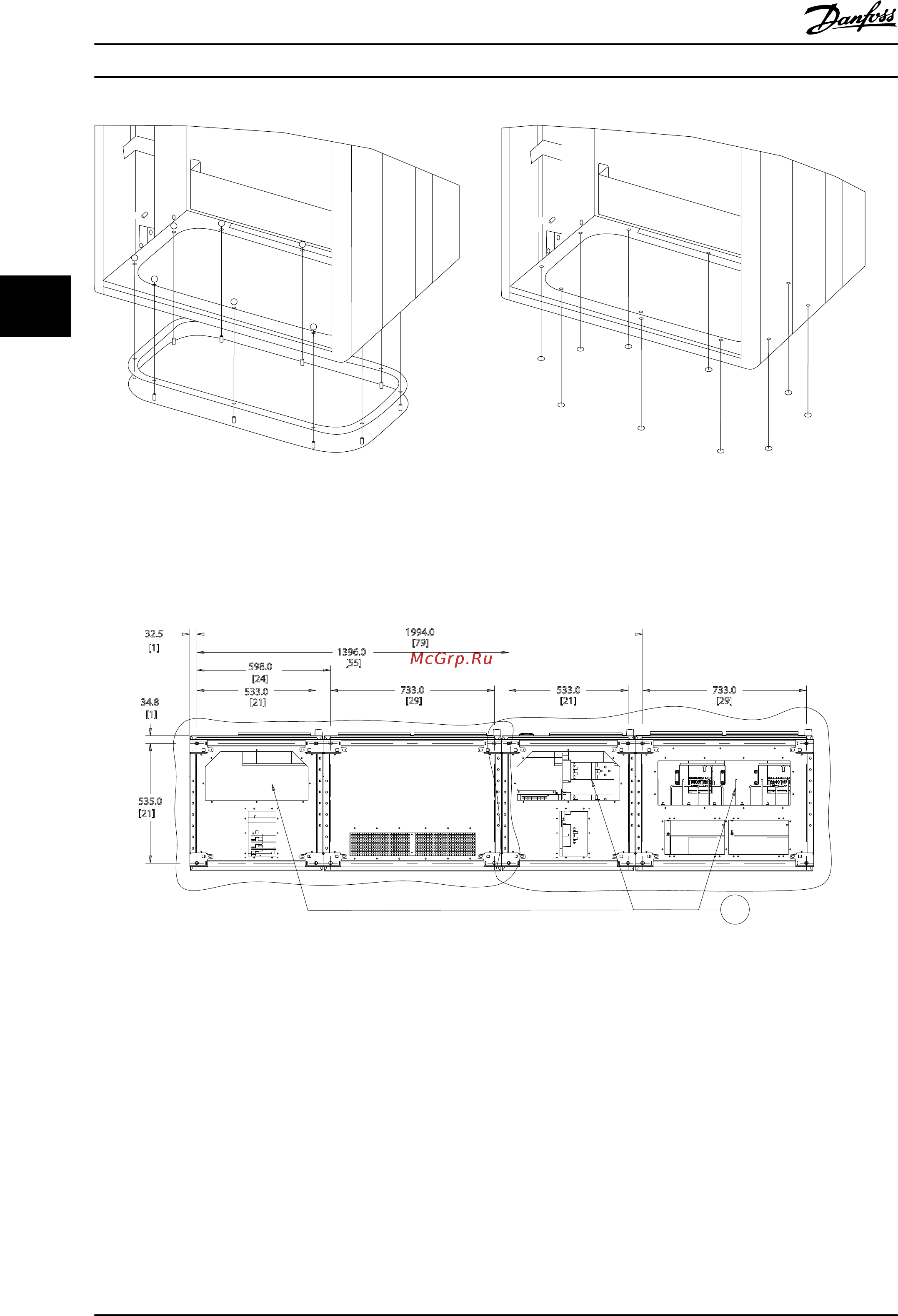 Danfoss VLT Automation Drive FC-302P11KT5 [30/177] Кабельные вводы преобразователя частоты вид снизу 1 подключение сетевого кабеля 2 подключение кабеля двигателя