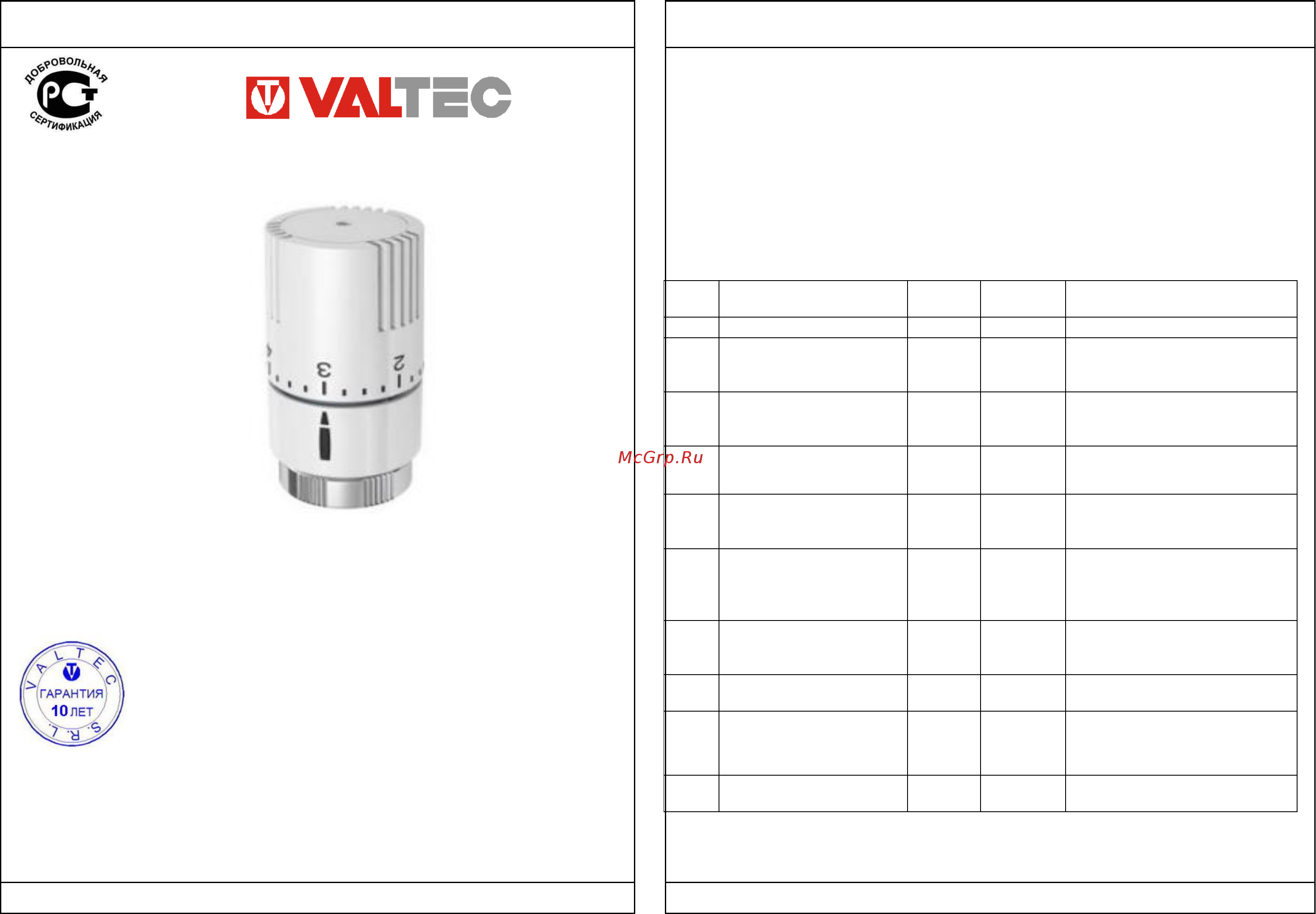 Valtec VT.1500.0.0 Технический паспорт онлайн