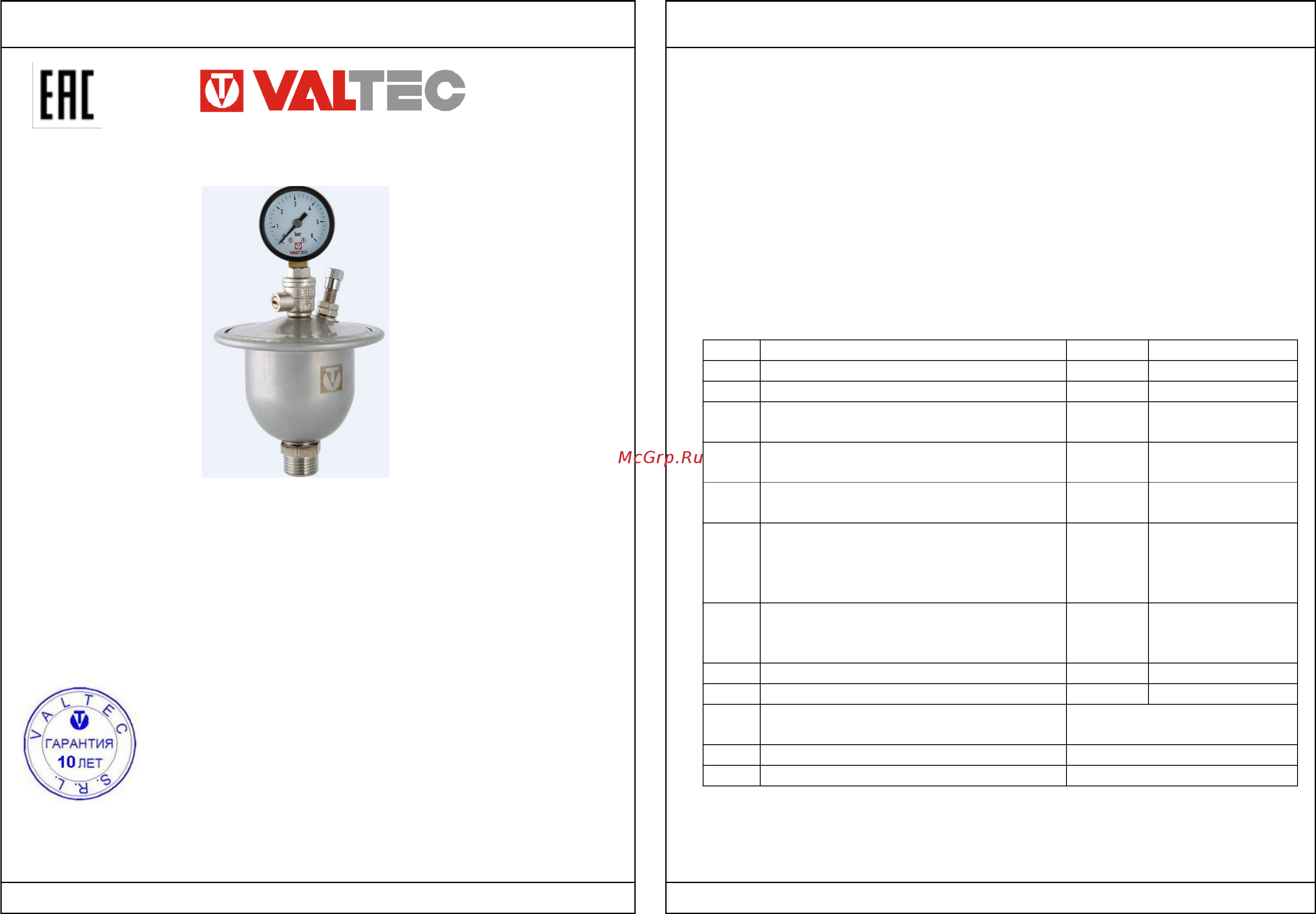 Valtec VT.CAR20.I.04001 Технический паспорт онлайн