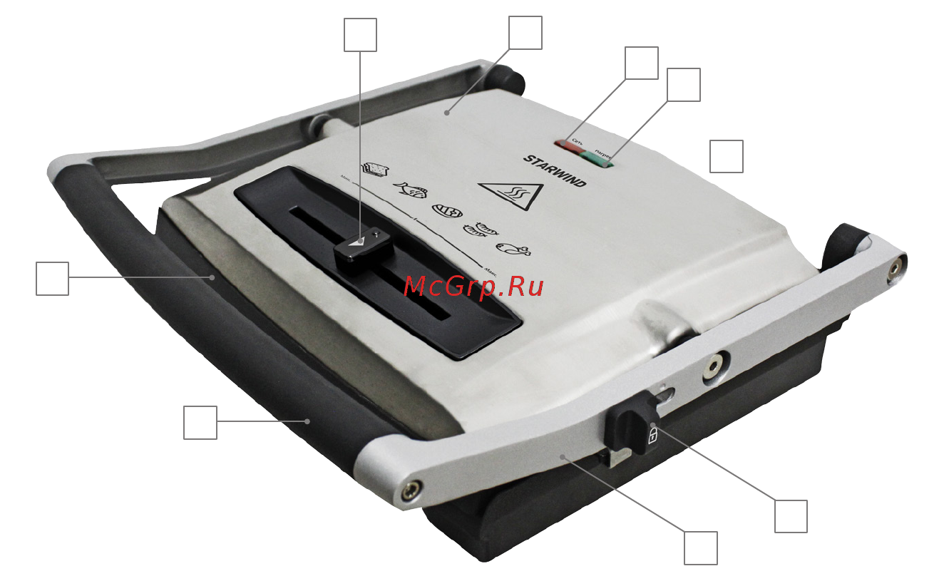 STARWIND SSG9414 [2/9] Ручка 2 верхняя панель 3 фиксатор для фиксации крышки и настройки расстояния 4 нижняя панель 5 индикатор включения 6 индикатор температуры 7 регулятор температуры 8 лоток для сбора жира 9 откидывающаяся ножка