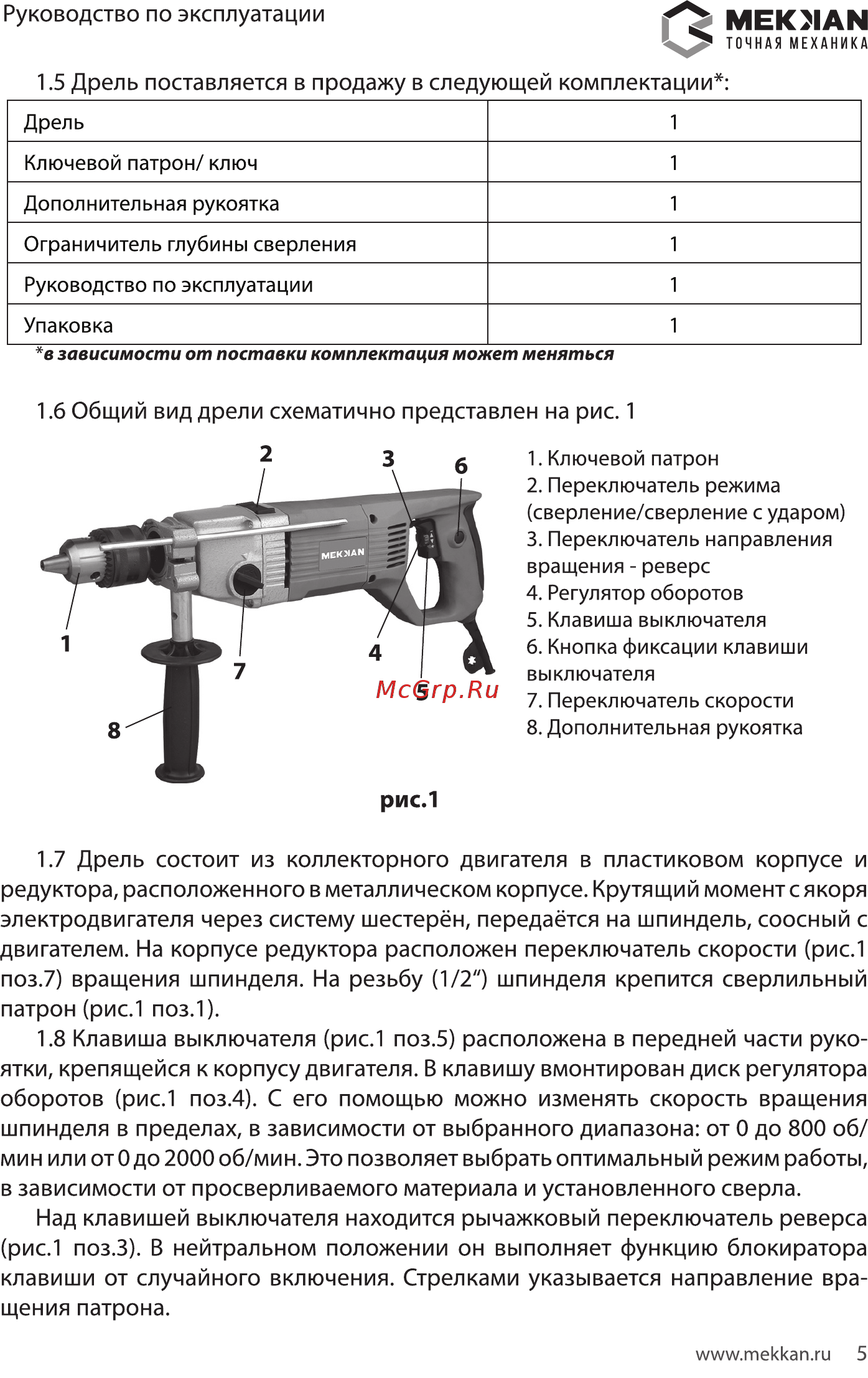 MEKKAN MK82216 [5/16] Общий вид дрели схематично представлен на рис 1