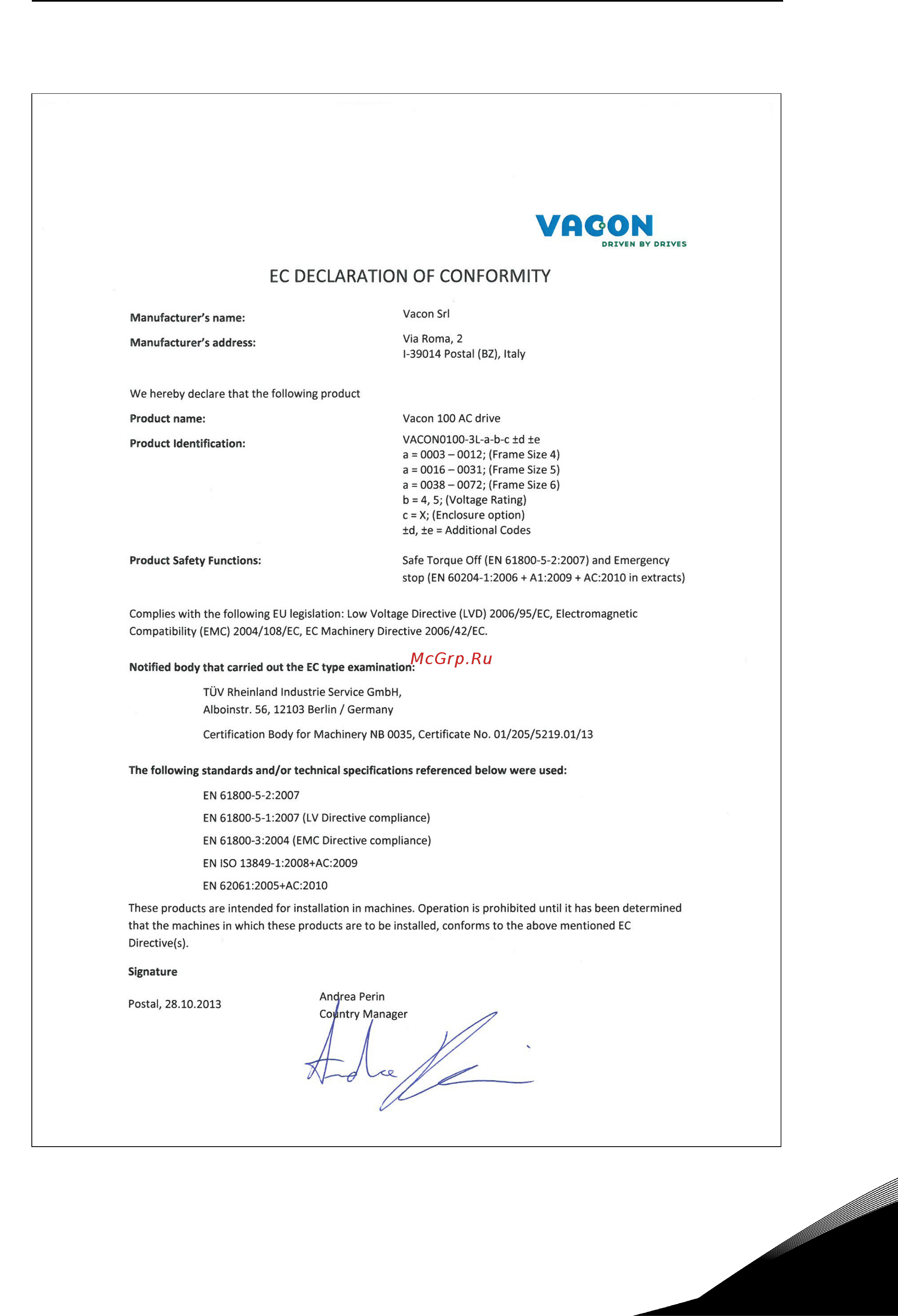 Vacon VACON0100-3L-0072-4-X [15/120] 0 декларация о соответствии