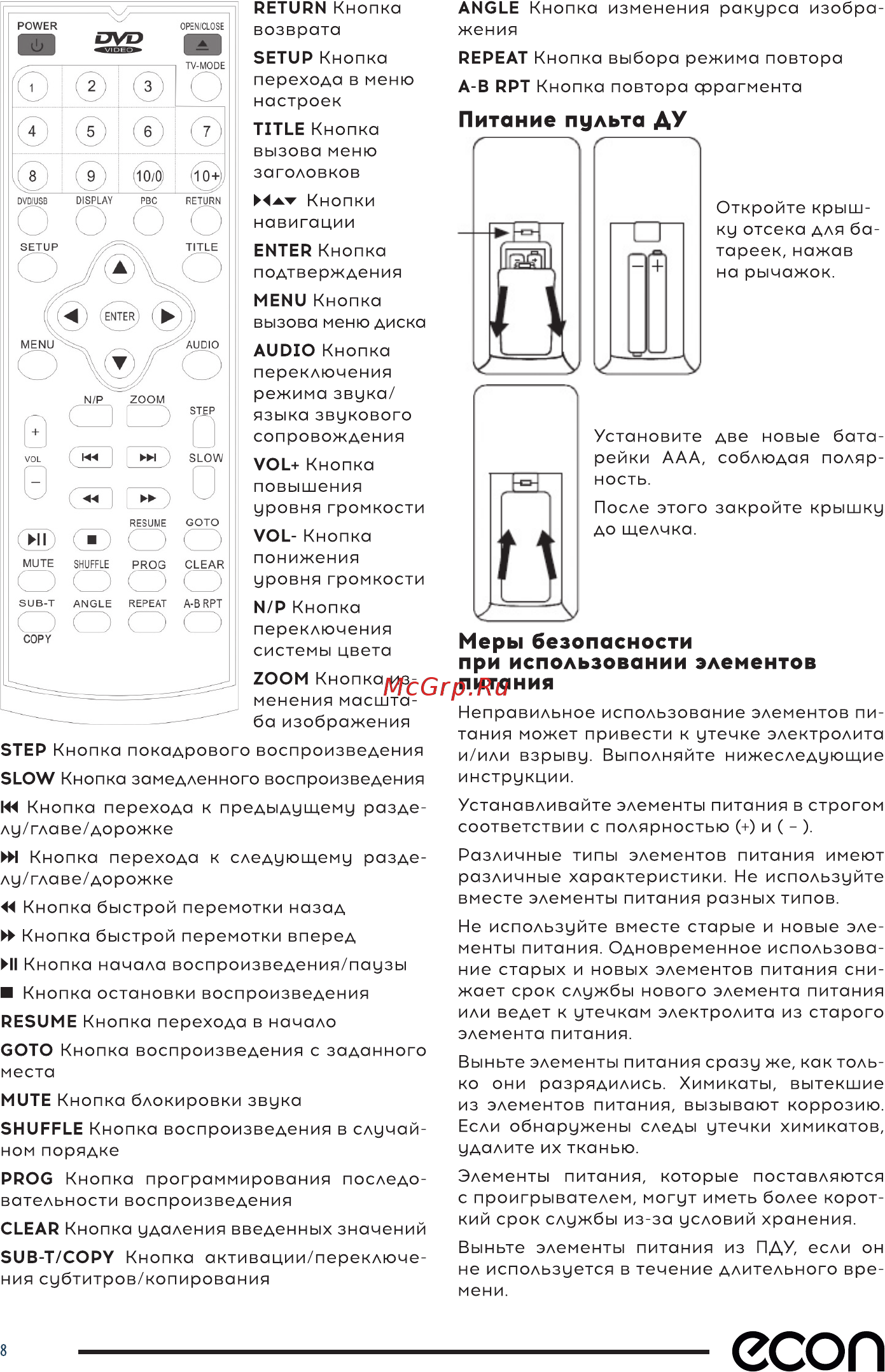 ECON DVE-1010 Инструкция по эксплуатации онлайн [8/16] 460012