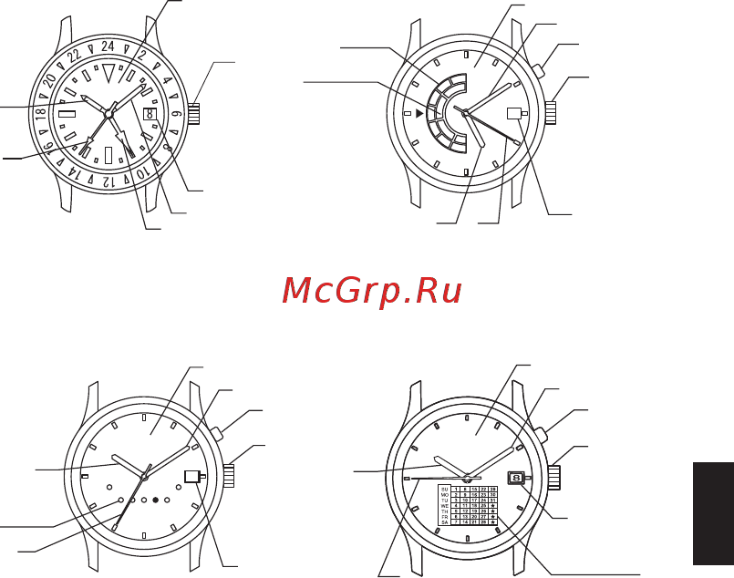 Orient FX01002B [9/24] Положение головки индикатора даты и других компонентов на некоторых моделях может отличаться