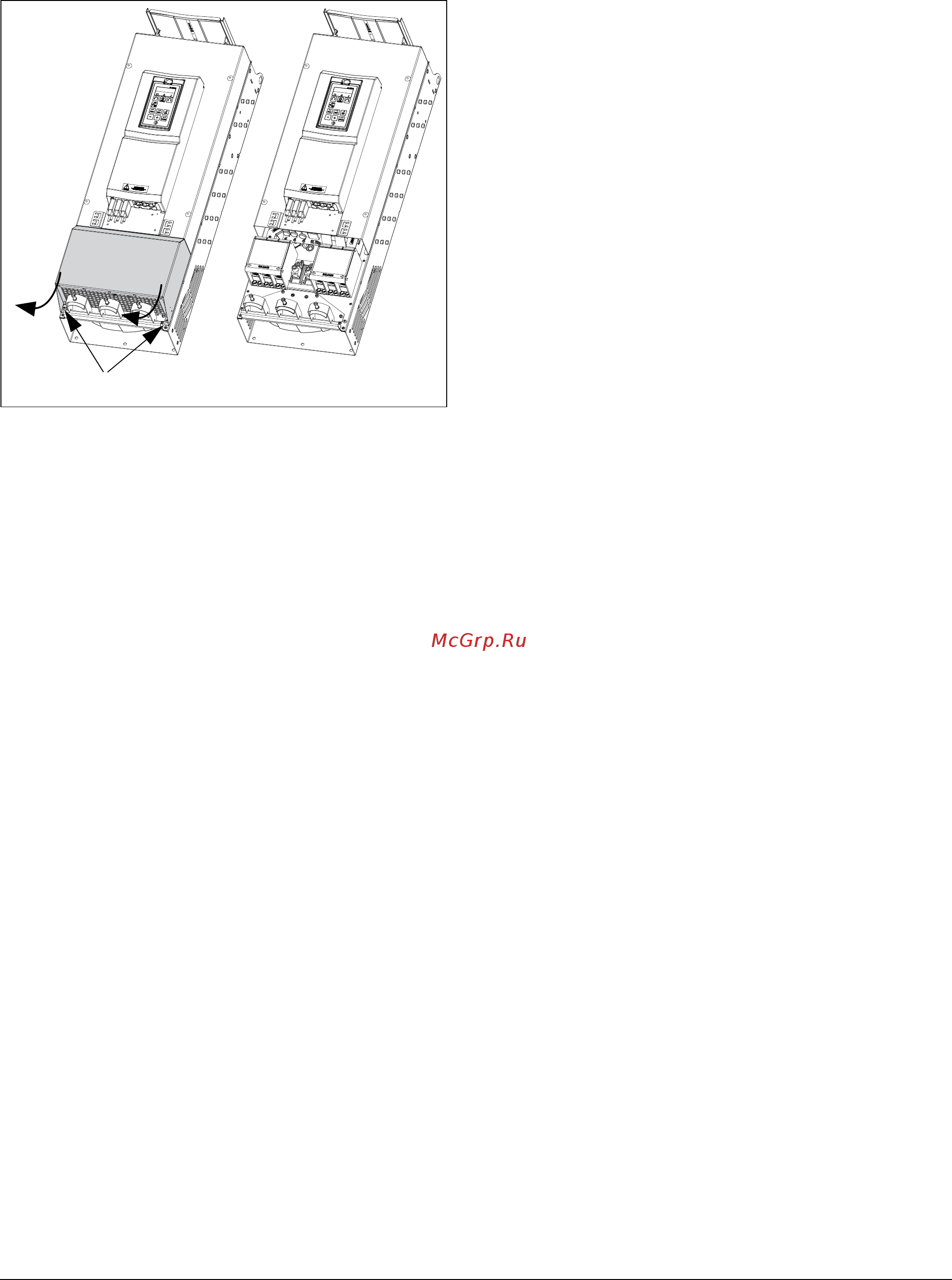 Emotron FDU48-300-20 [30/260] Снимите откройте нижнюю переднюю крышку на корпусе с типоразмерами e2 и f2 ip20 21