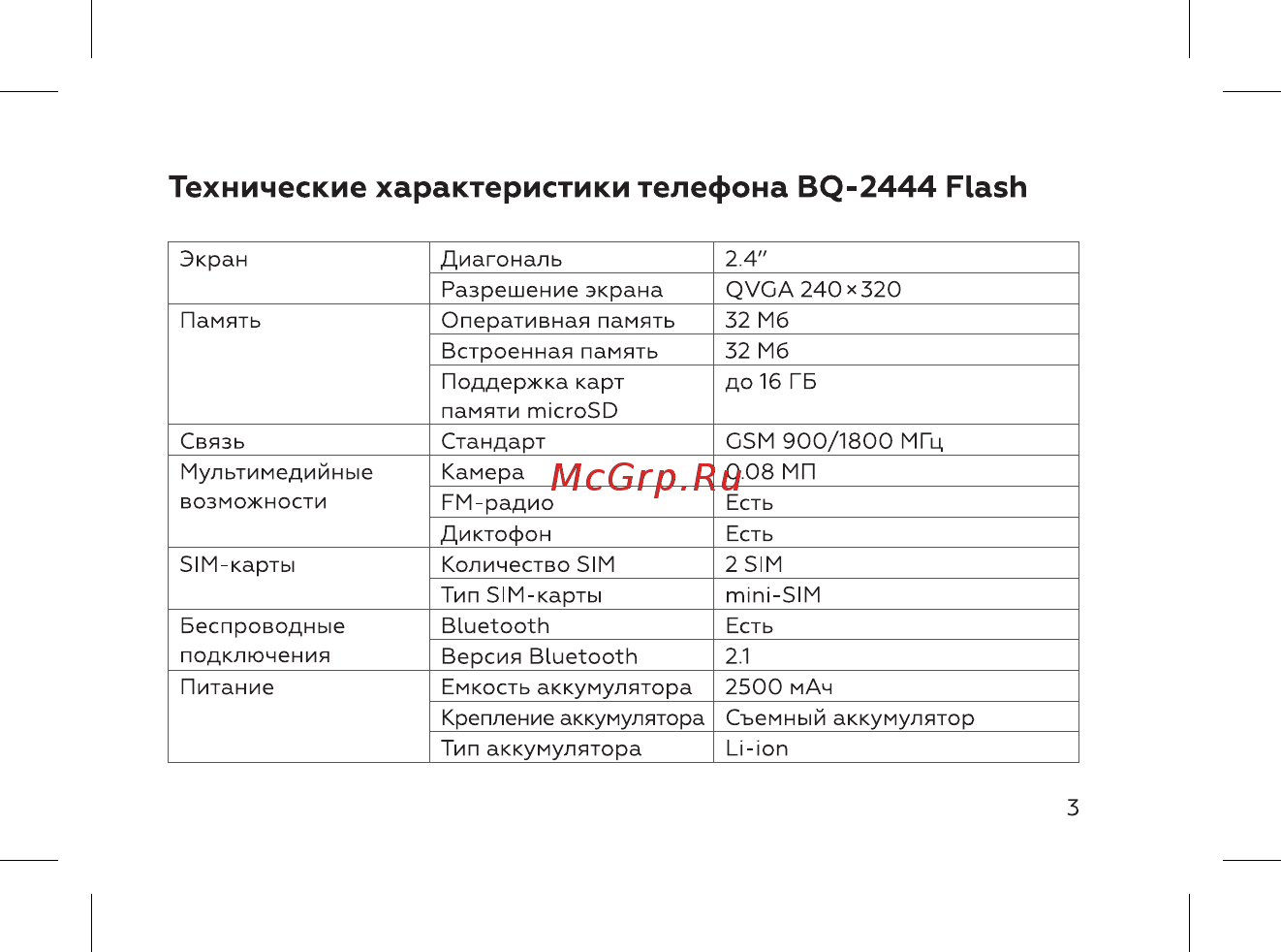 BQ BQ-2444 Flash [5/52] Технические характеристики телефона bq 2444 flash