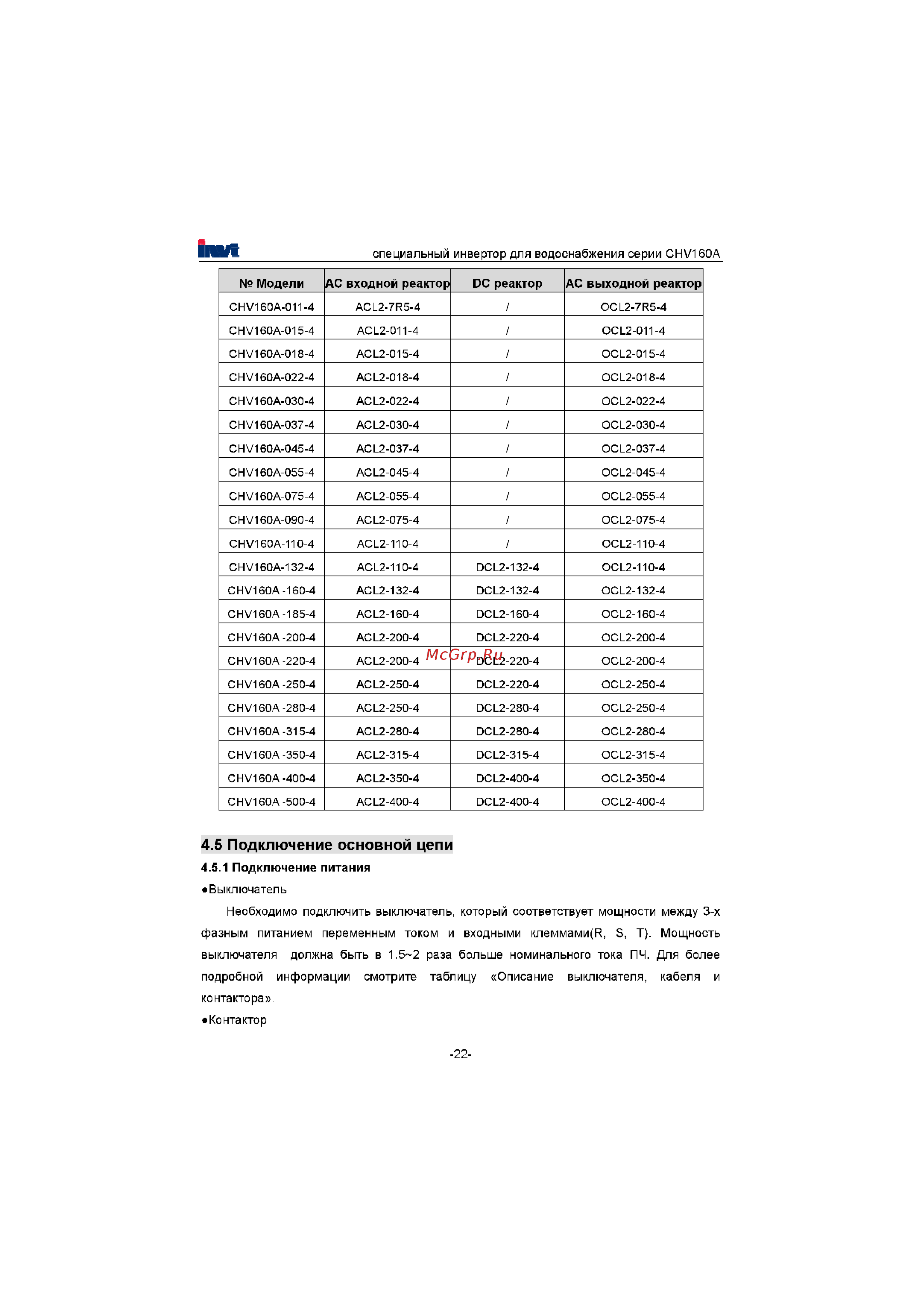 Invt CHV160A-022-4 [23/180] Подключение основной цепи