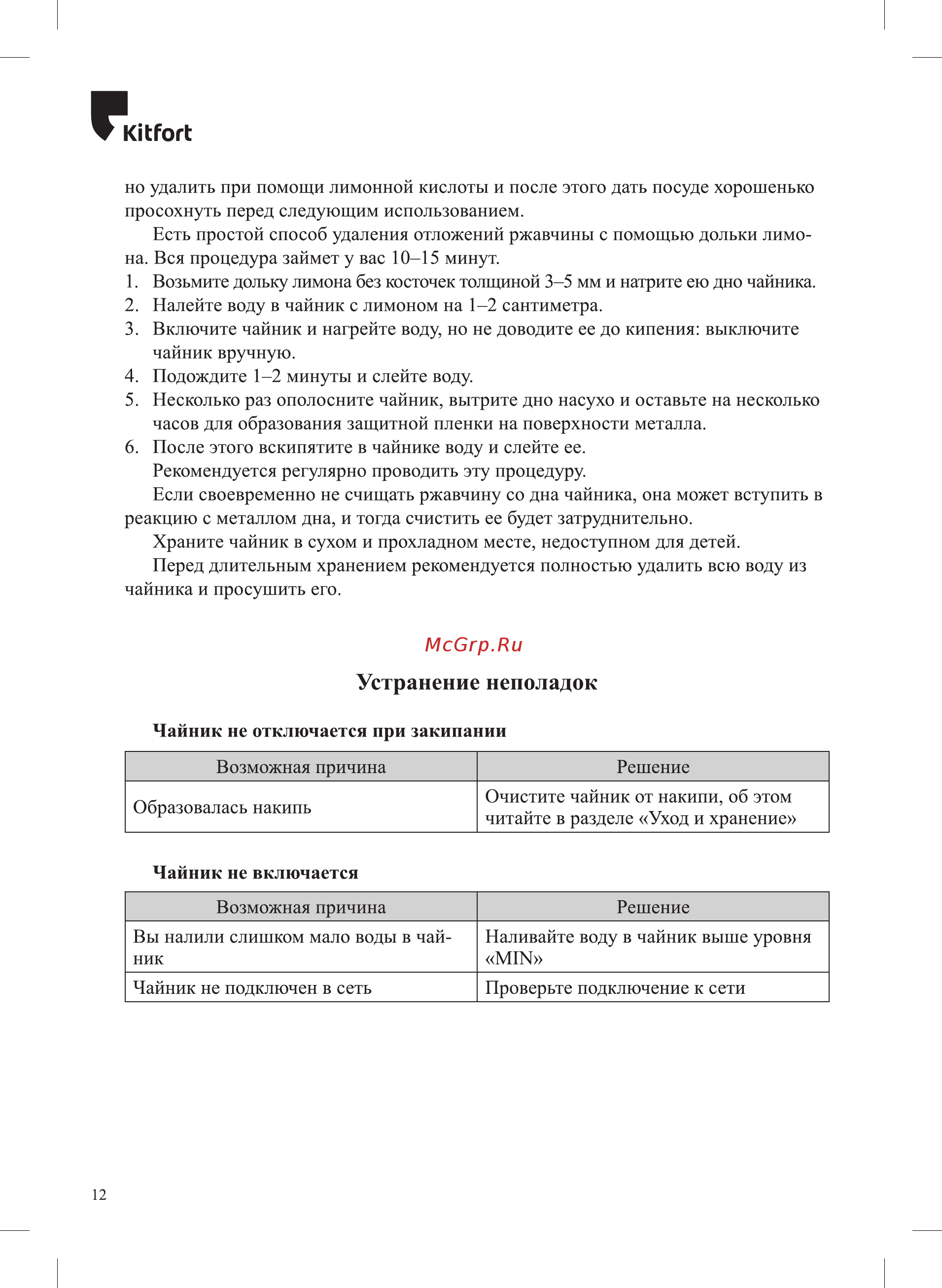 Kitfort KT-689 [12/16] Устранение неполадок