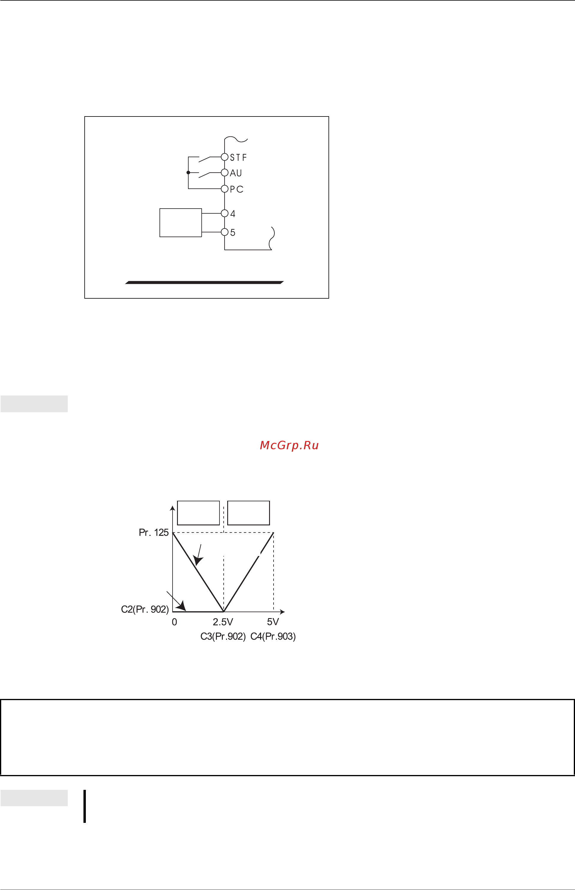 Mitsubishi Electric FR-D740-080-E6 [301/512] Если выбран реверс и при наличии пускового сигнала по какой либо причине отсутст вует входной сигнал например из за обрыва провода двигатель может запустить ся в обратном направлении опасность травмы