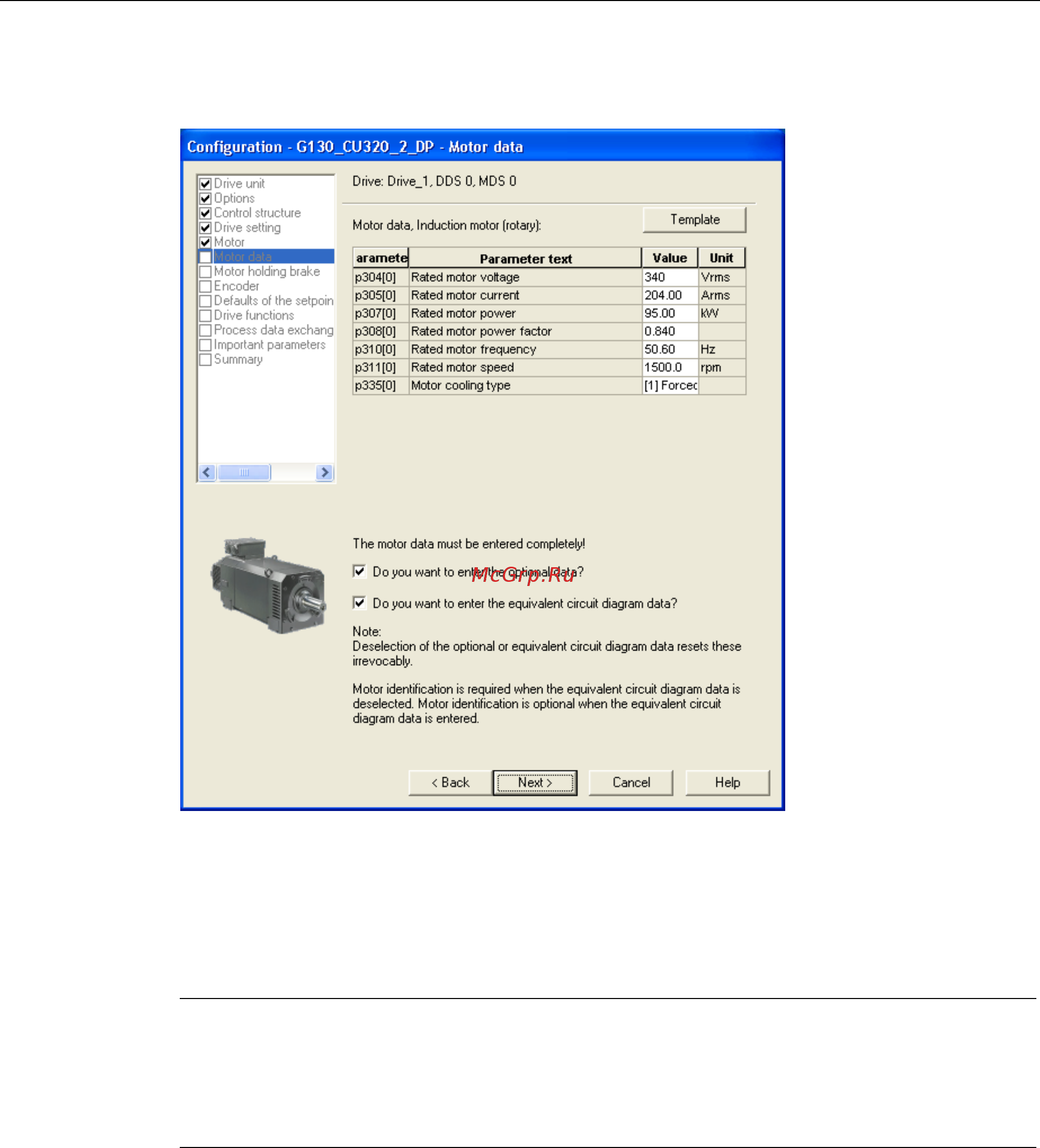 Siemens 6SL3310-1GE36-1AA3 [127/488] Конфигурирование двигателя ввод данных двигателя