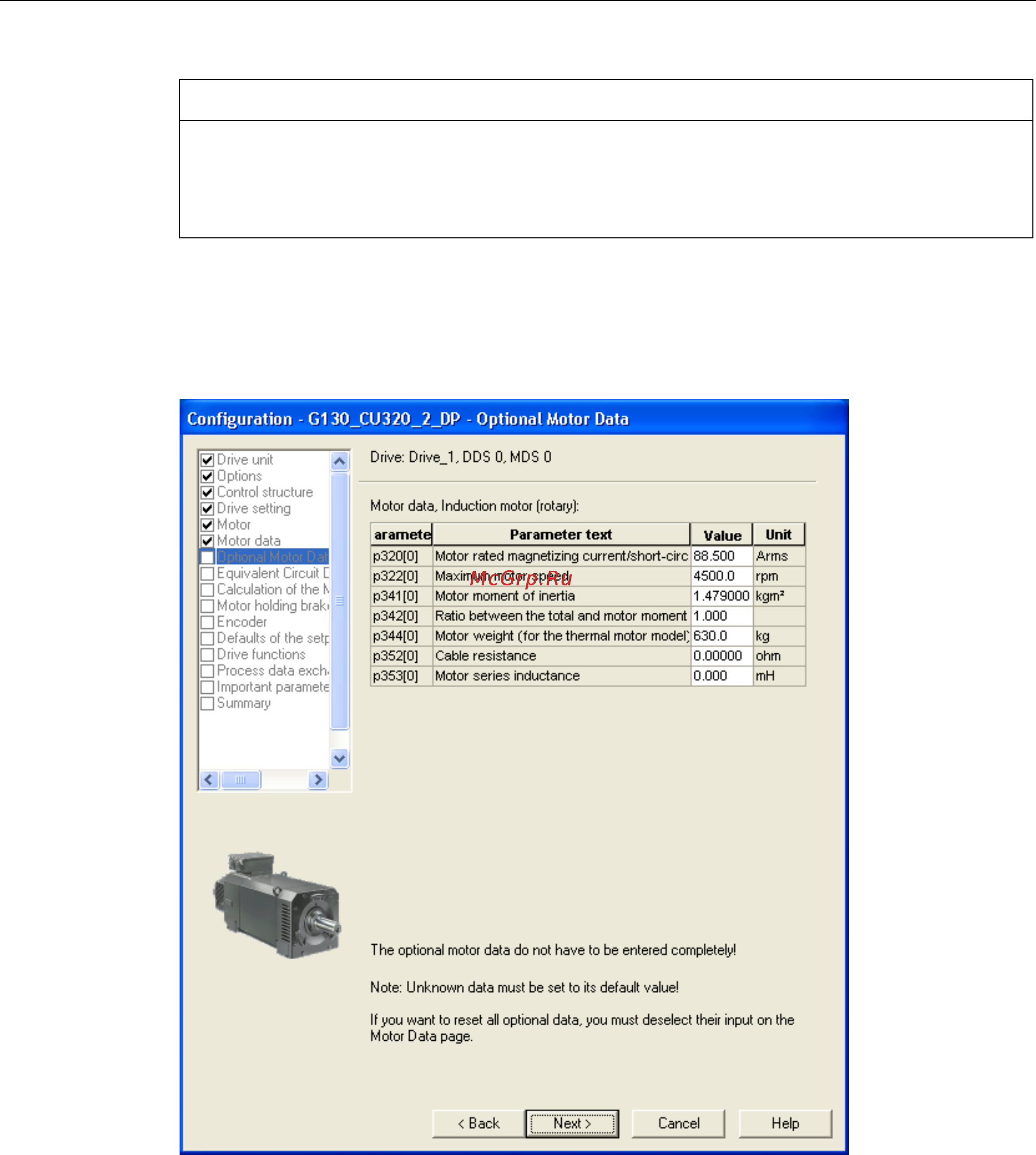 Siemens 6SL3310-1GE36-1AA3 [128/488] Конфигурирование двигателя ввод опционных данных