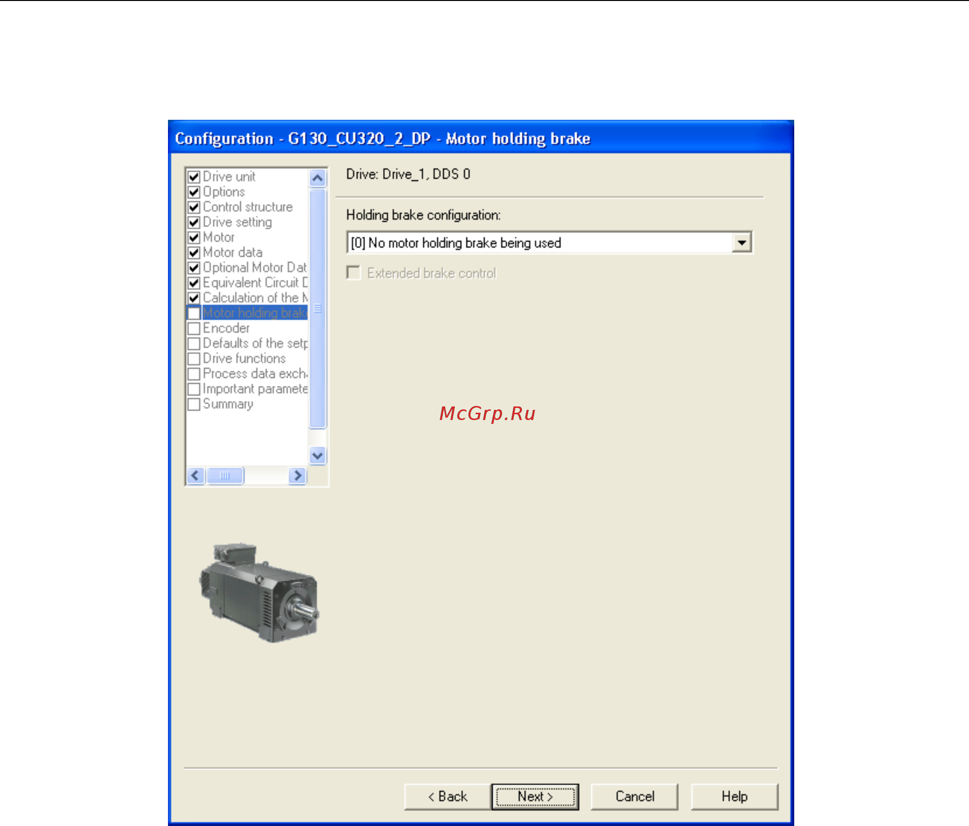 Siemens 6SL3310-1GE36-1AA3 [131/488] Конфигурирование стояночного тормоза двигателя
