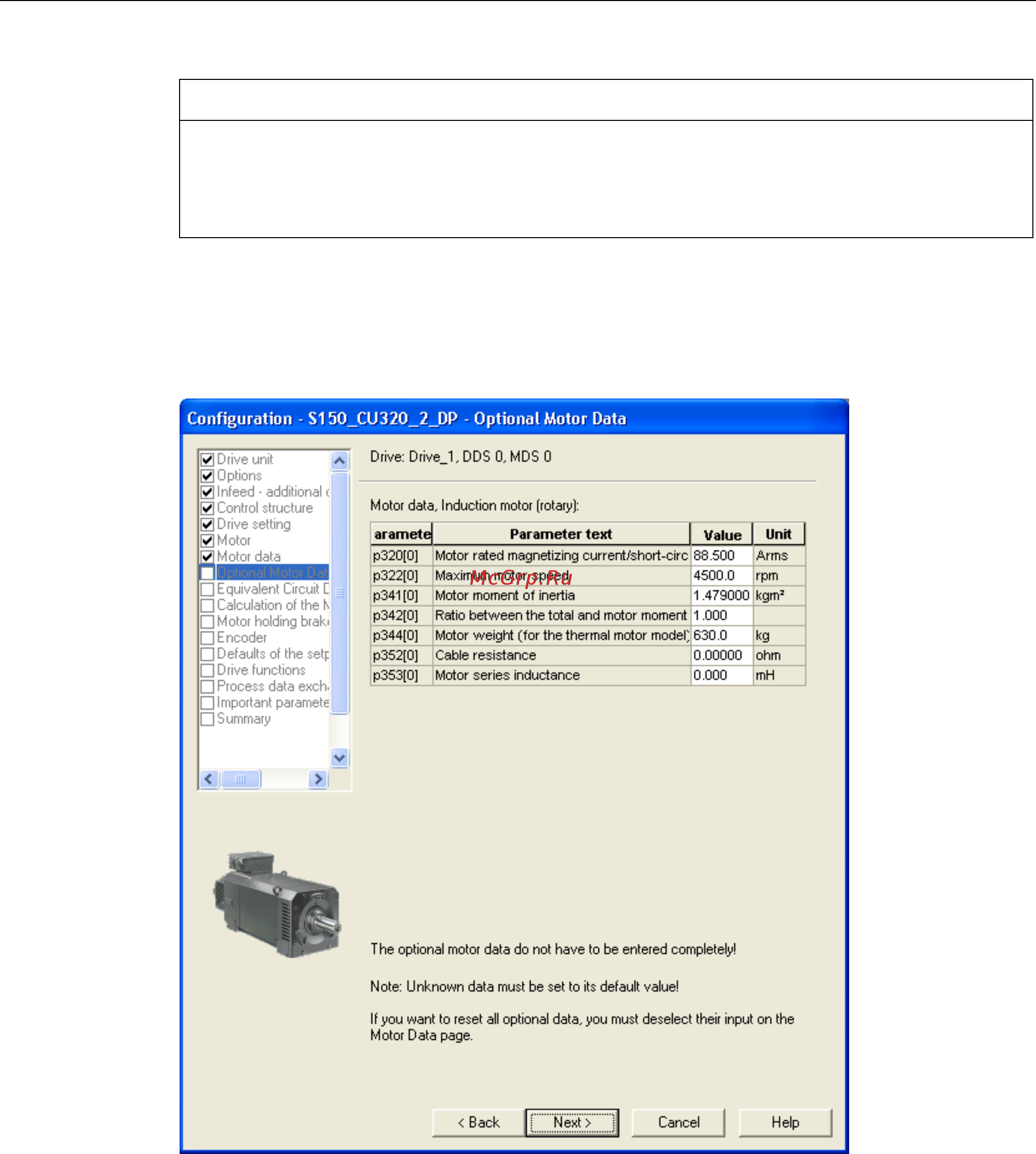 Siemens 6SL3710-7LE38-4AAх [222/732] Конфигурирование двигателя ввод опциональных данных