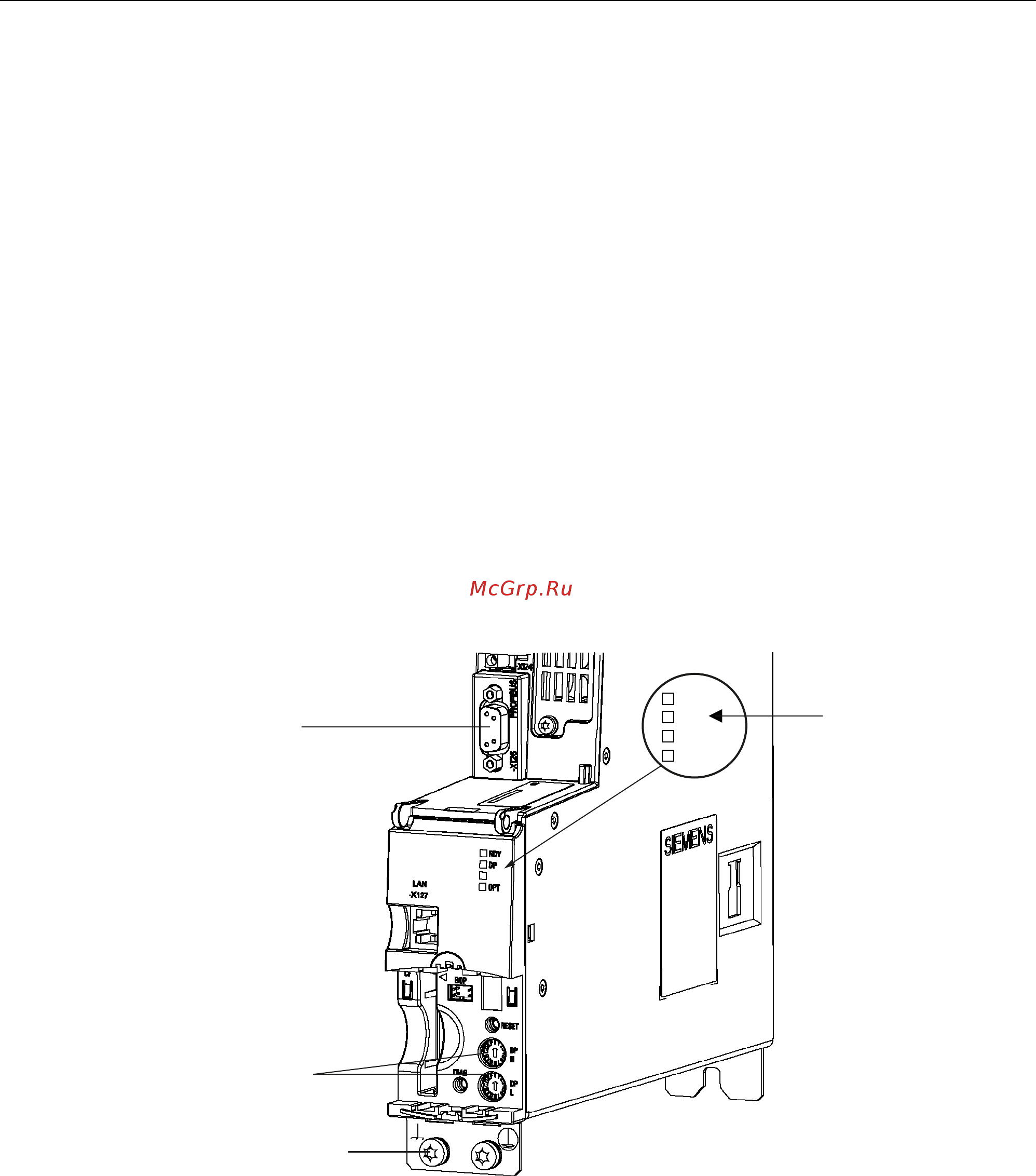 Siemens 6SL3710-7LE33-8AAх [340/732] Расположение разъема profibus переключателя адреса и светодиода диагностики