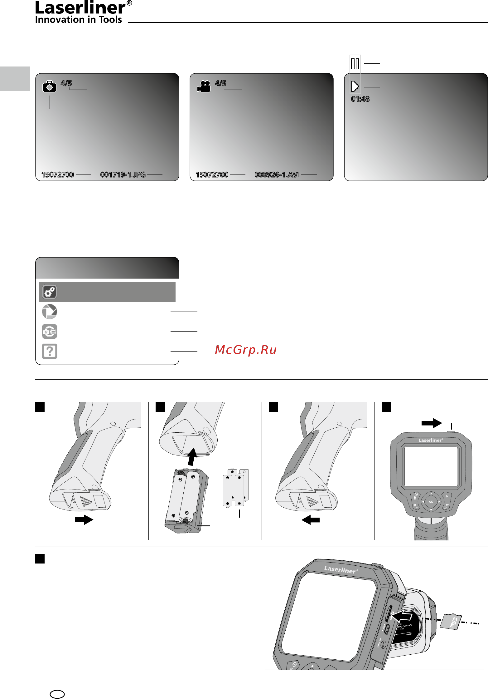 Laserliner VideoScope Plus 082.254A [12/84] Inserting micro sd card