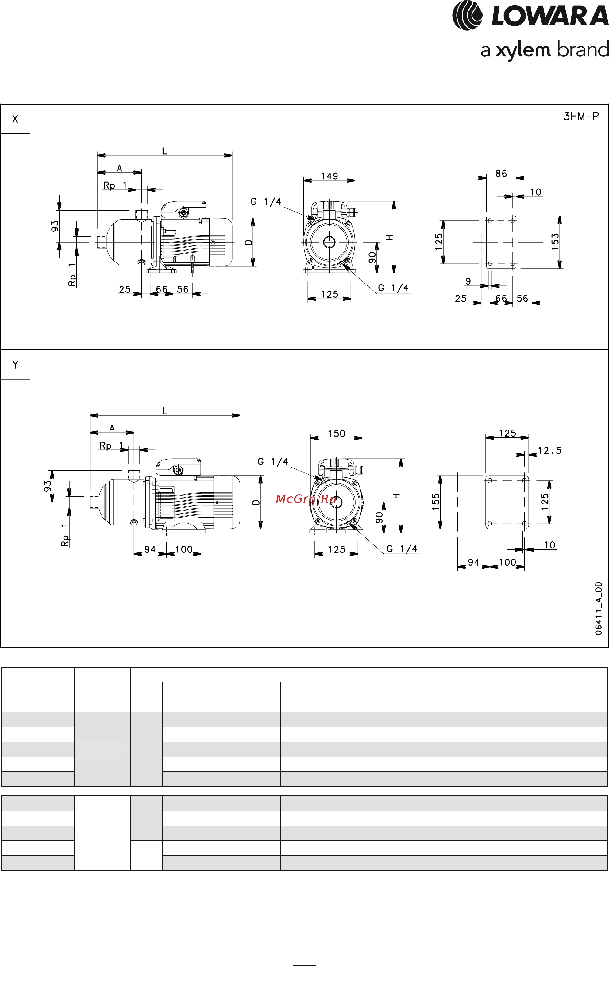 Lowara e-HM 3HM13N11M [26/84] Серия 3hm p размеры и вес 2 х полюсные двигатели 50 гц