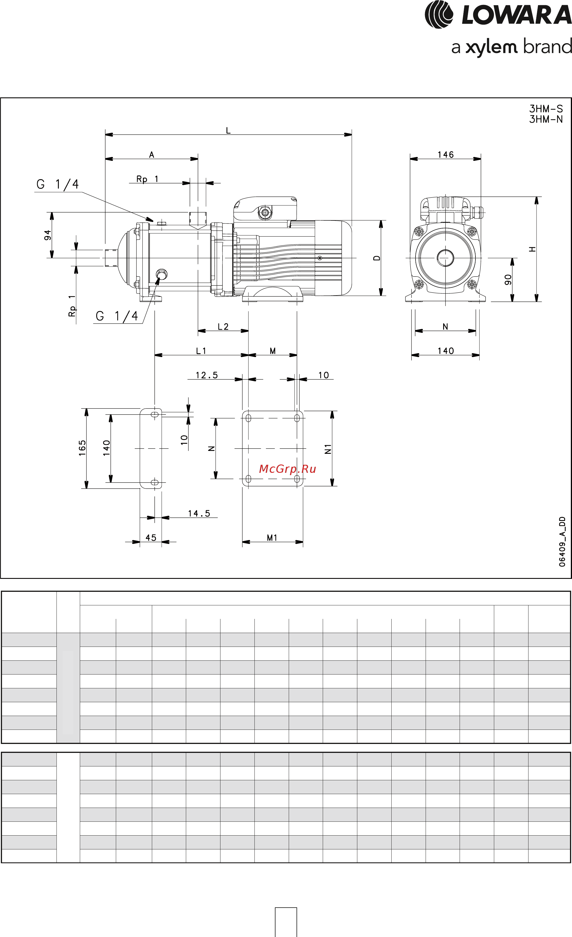 Lowara e-HM 3HM04S05M [42/84] Серия 3hm s 3hm n от 11 до 21 ступени размеры и вес 2 х полюсные двигатели 50 гц