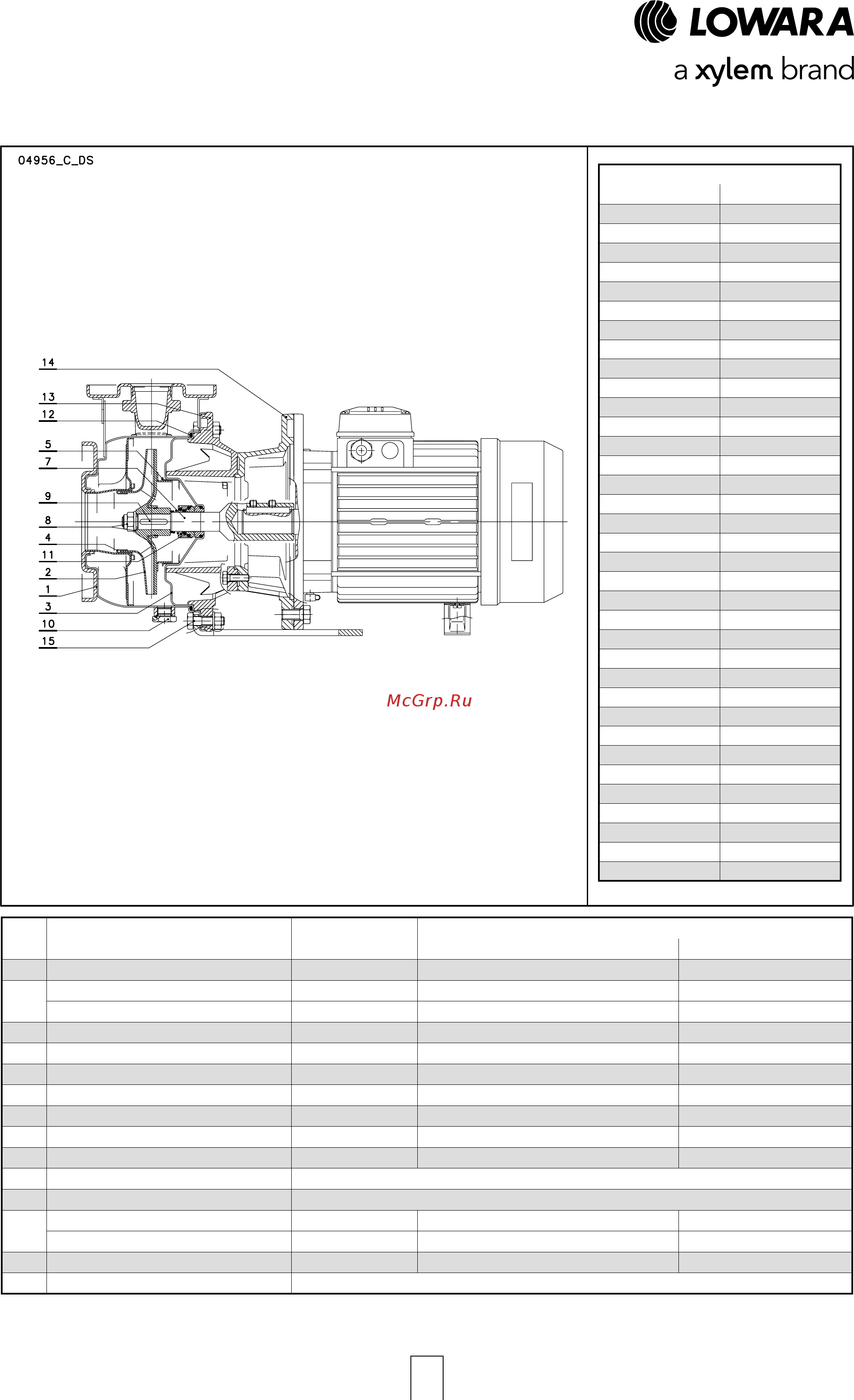 Lowara ESHE 32-160/22/P25HSNA [14/120] Eshs series electric pump cross section and main components
